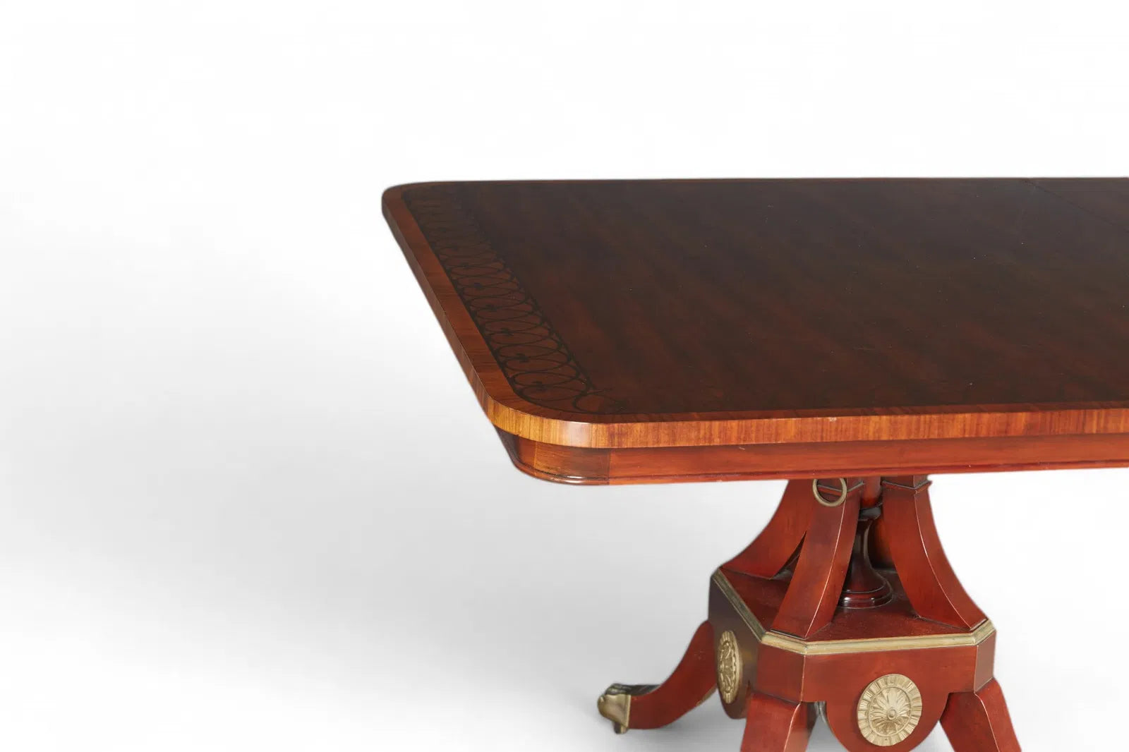 AF1-057: John Widdicomb Neoclassical Pedestal Inlaid Mahogany Extension Dining Table 20th Century