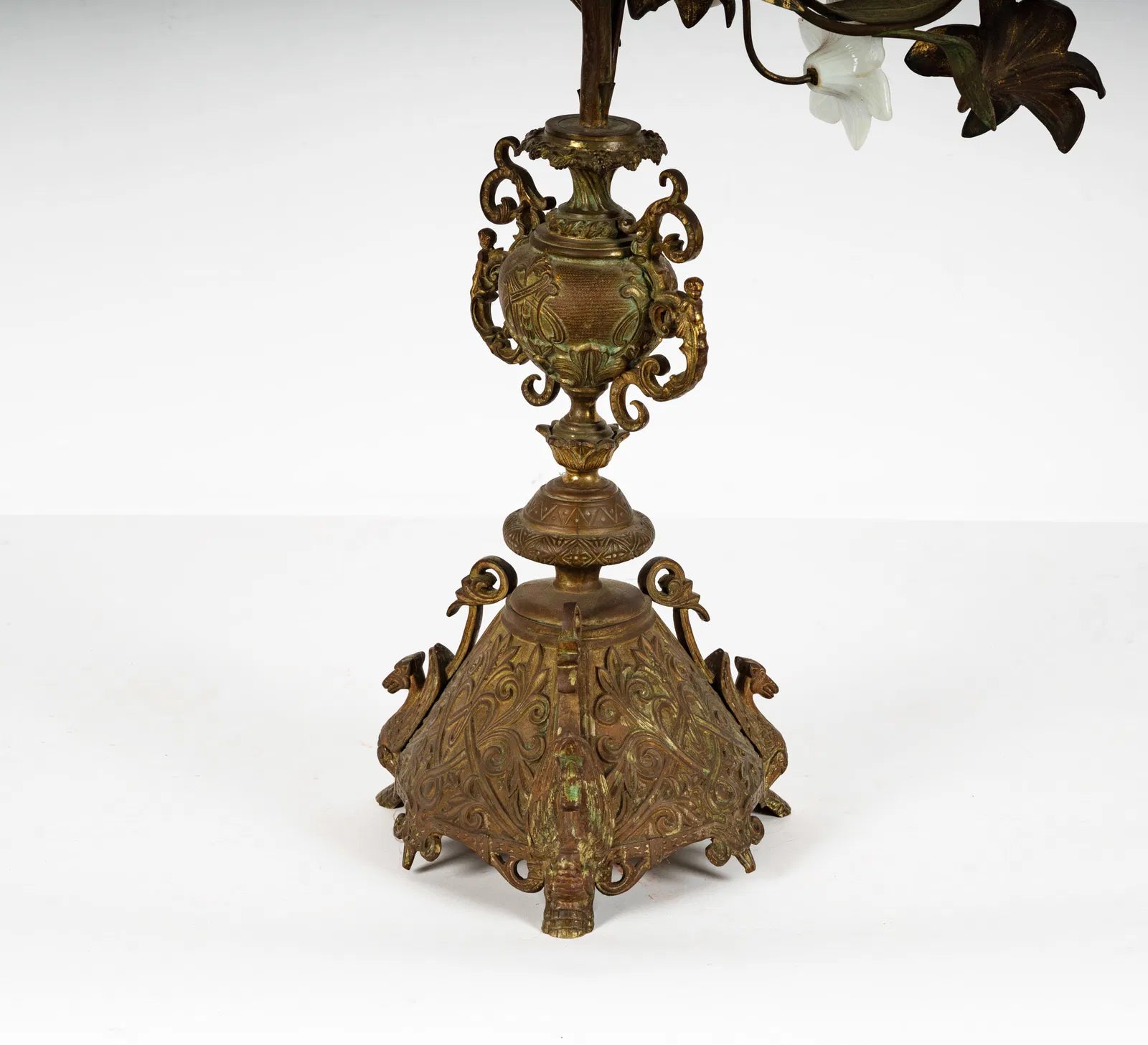 DA2-029: Antique French Gilt Brass and Opaline Glass Flower Candelabra 19th Century