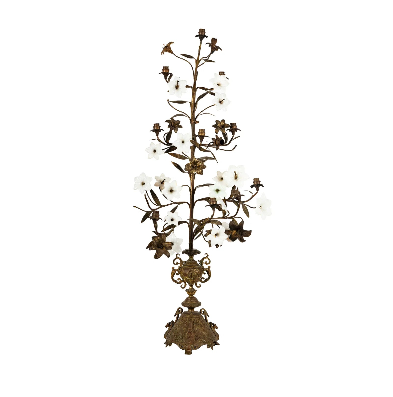 Antique French Brass Opaline Glass Flower Candelabra | Work of Man