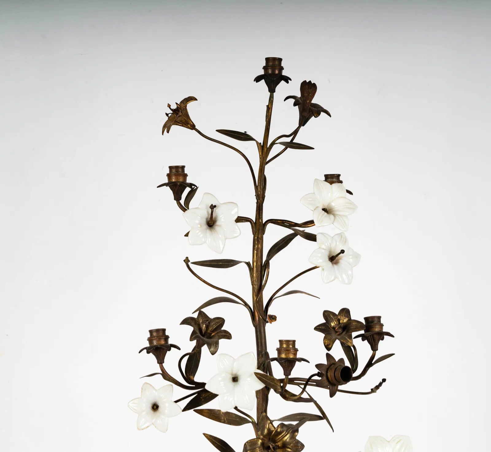 DA2-029: Antique French Gilt Brass and Opaline Glass Flower Candelabra 19th Century