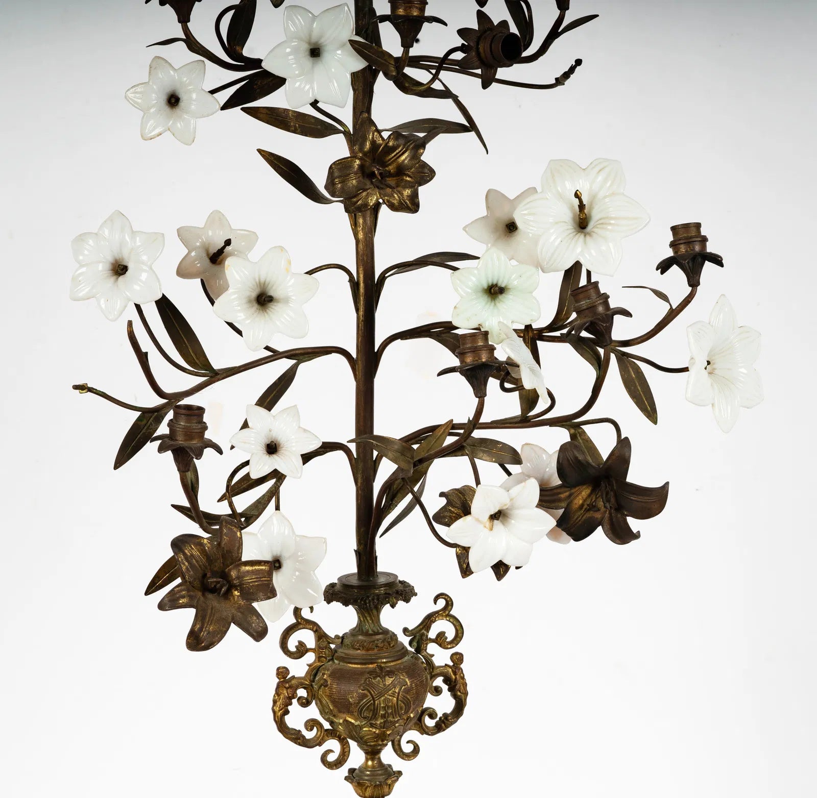 DA2-029: Antique French Gilt Brass and Opaline Glass Flower Candelabra 19th Century