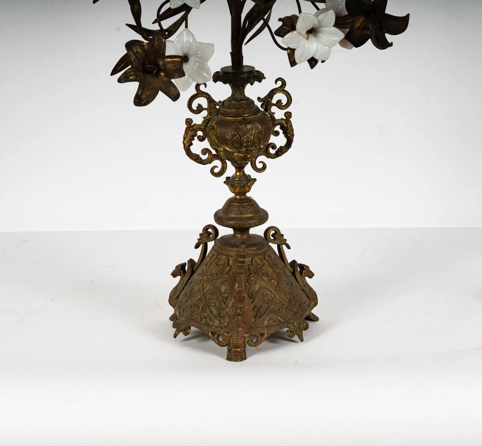 DA2-029: Antique French Gilt Brass and Opaline Glass Flower Candelabra 19th Century