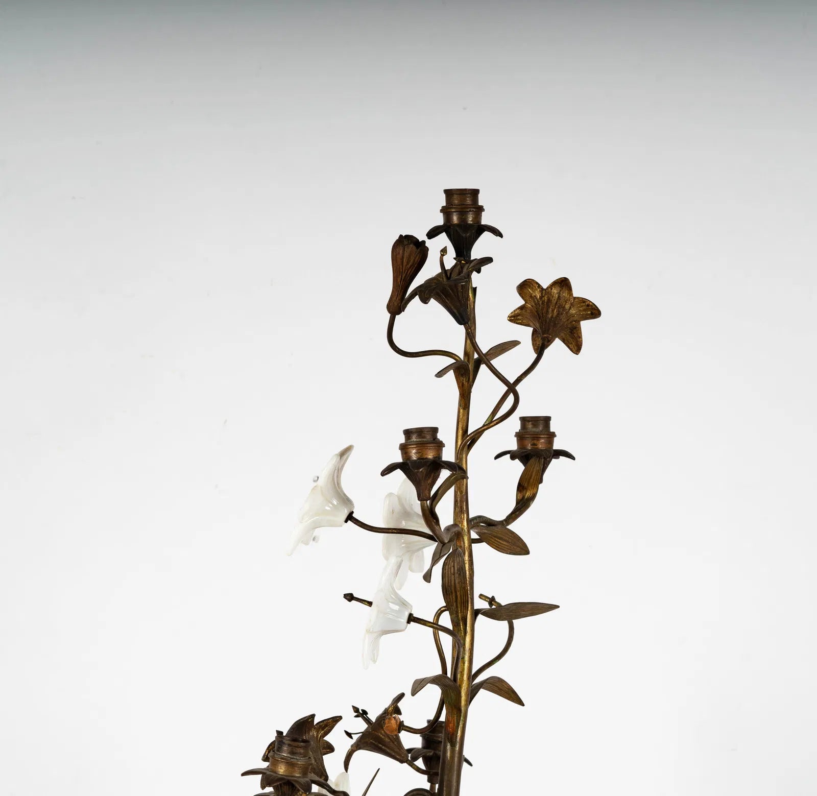 DA2-029: Antique French Gilt Brass and Opaline Glass Flower Candelabra 19th Century