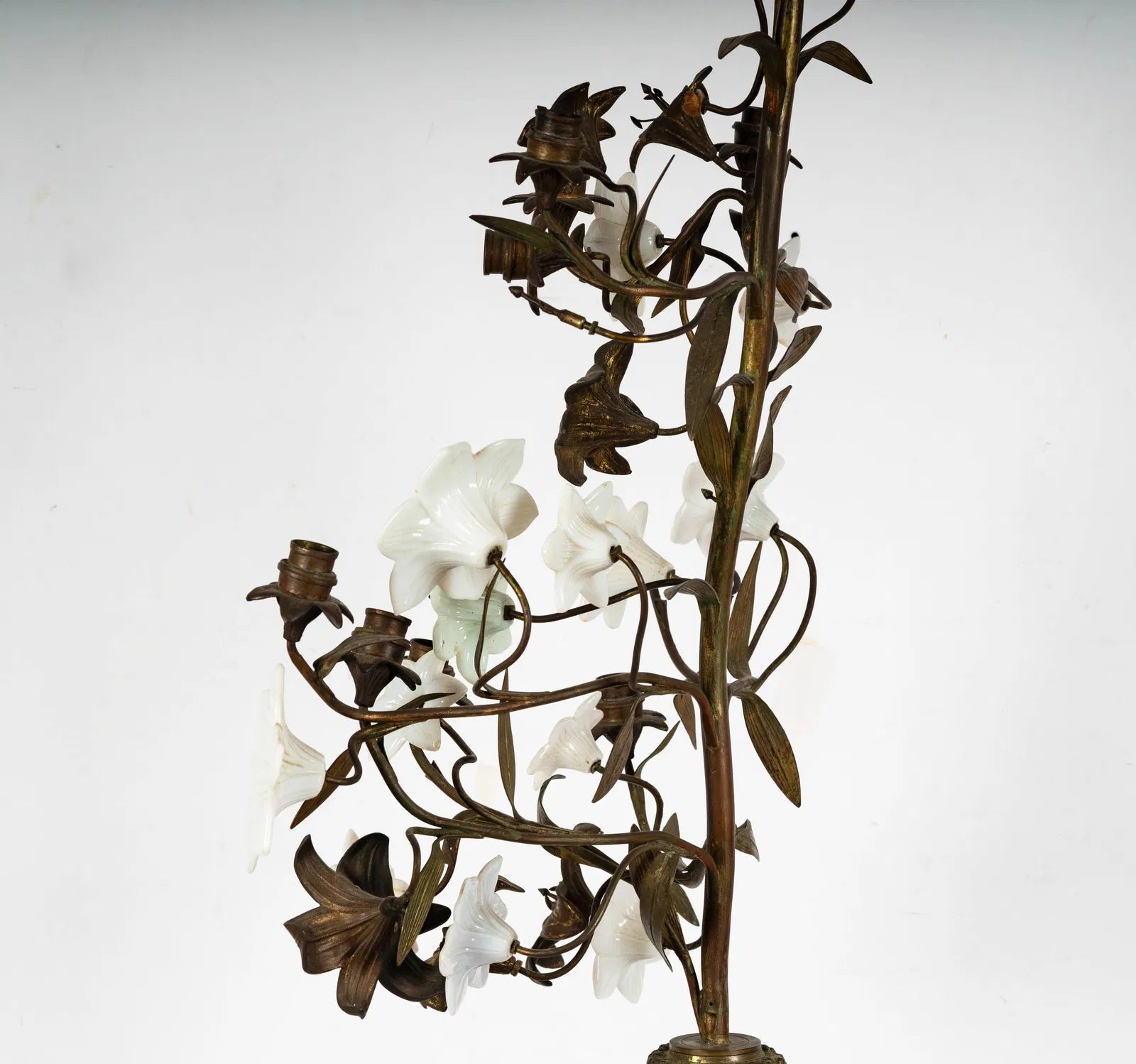 DA2-029: Antique French Gilt Brass and Opaline Glass Flower Candelabra 19th Century