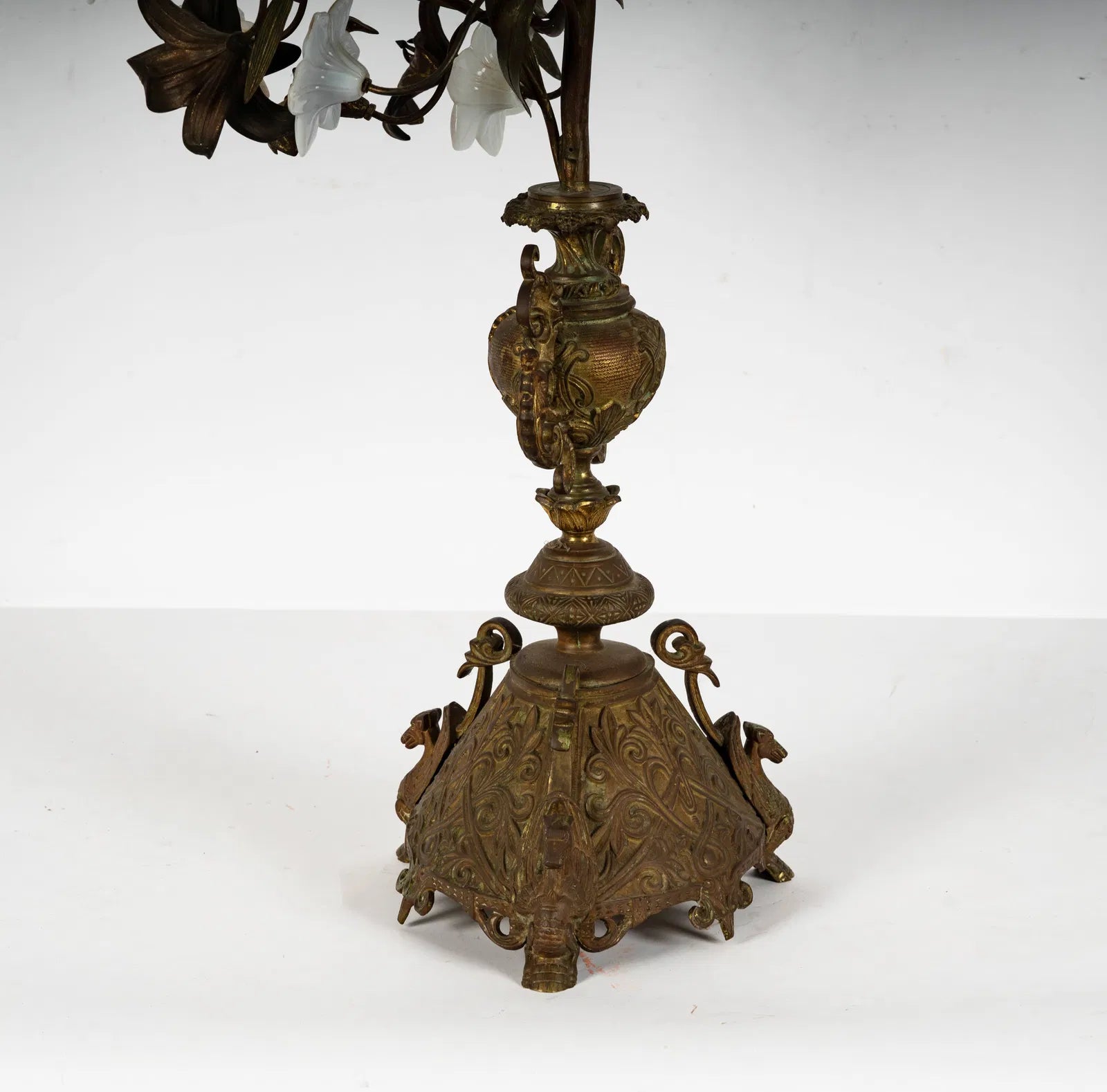 DA2-029: Antique French Gilt Brass and Opaline Glass Flower Candelabra 19th Century