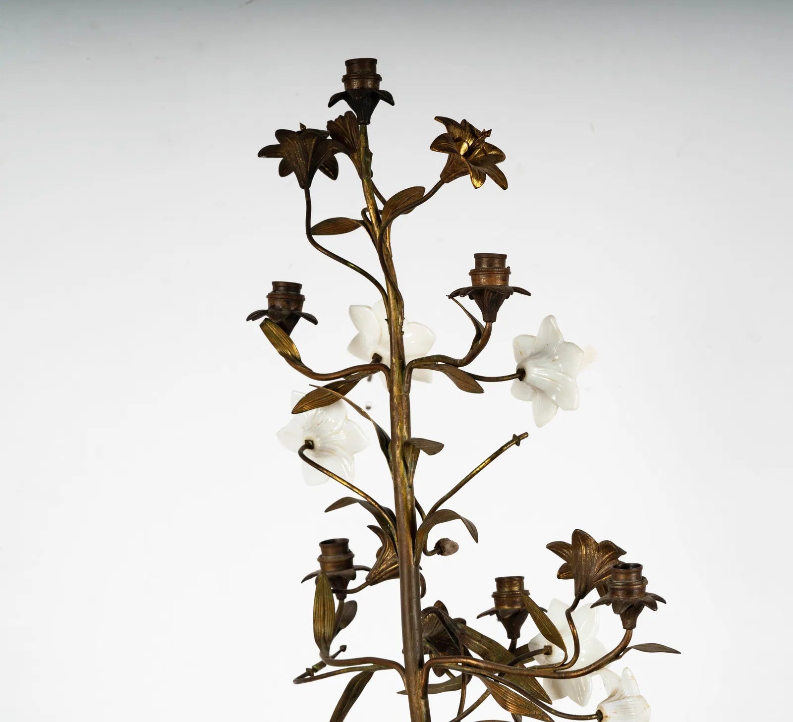 DA2-029: Antique French Gilt Brass and Opaline Glass Flower Candelabra 19th Century