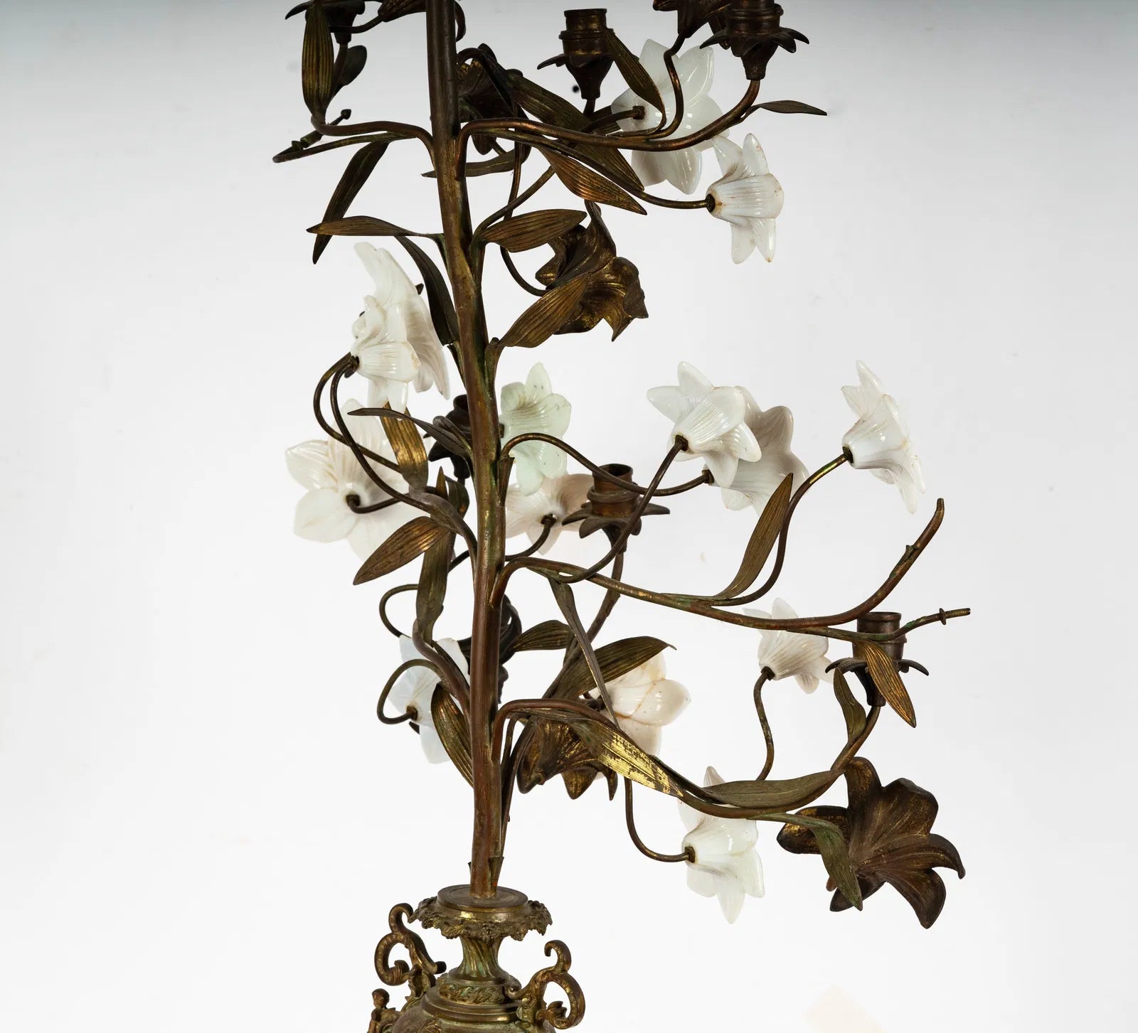 DA2-029: Antique French Gilt Brass and Opaline Glass Flower Candelabra 19th Century