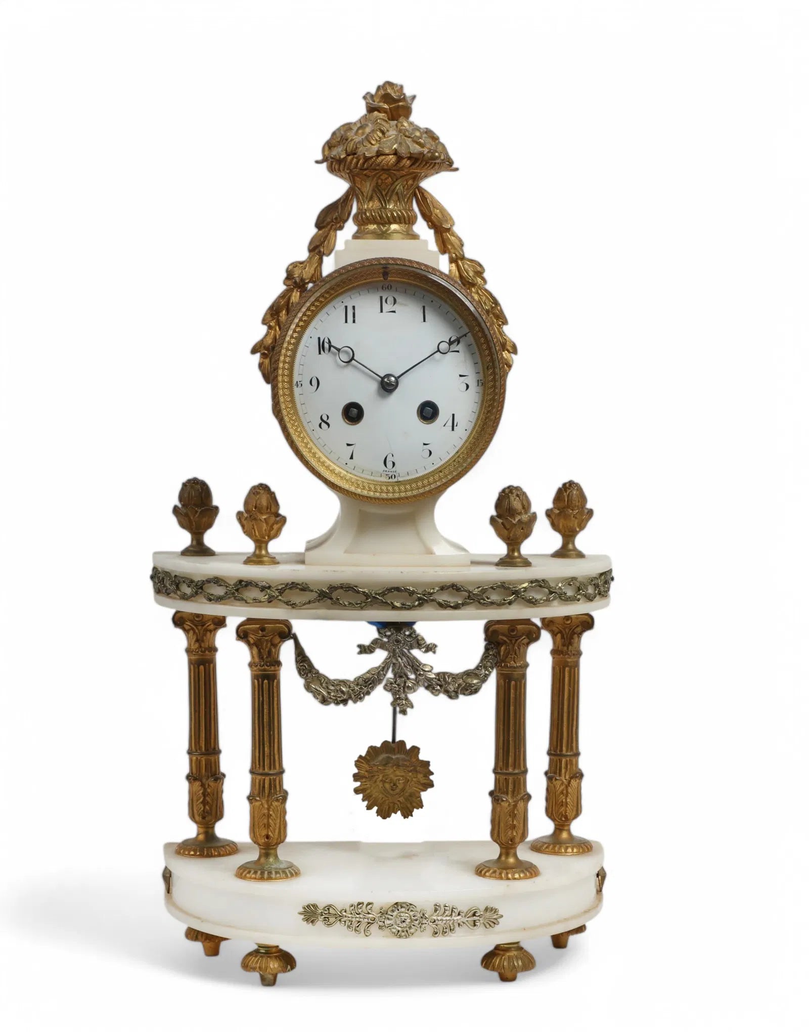 TK2-023:  Antique French Louis XVI Gilt Bronze White Marble Mantle Clock Circa 1890