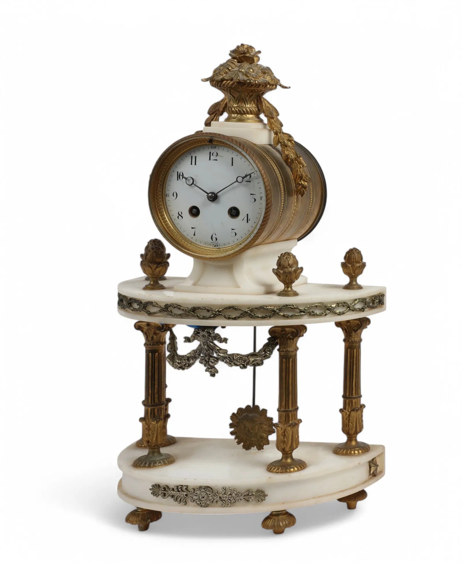 TK2-023:  Antique French Louis XVI Gilt Bronze White Marble Mantle Clock Circa 1890