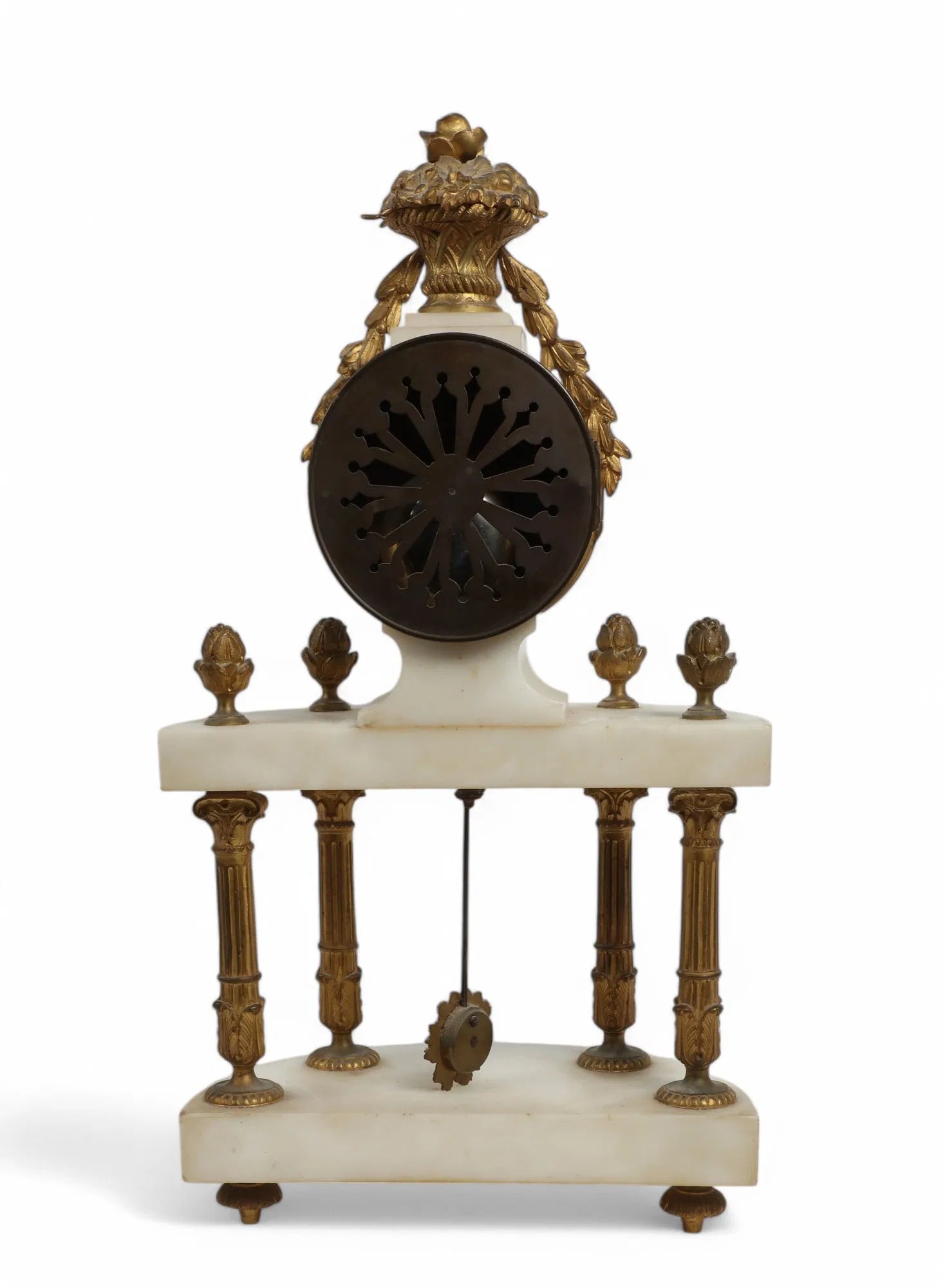 TK2-023:  Antique French Louis XVI Gilt Bronze White Marble Mantle Clock Circa 1890
