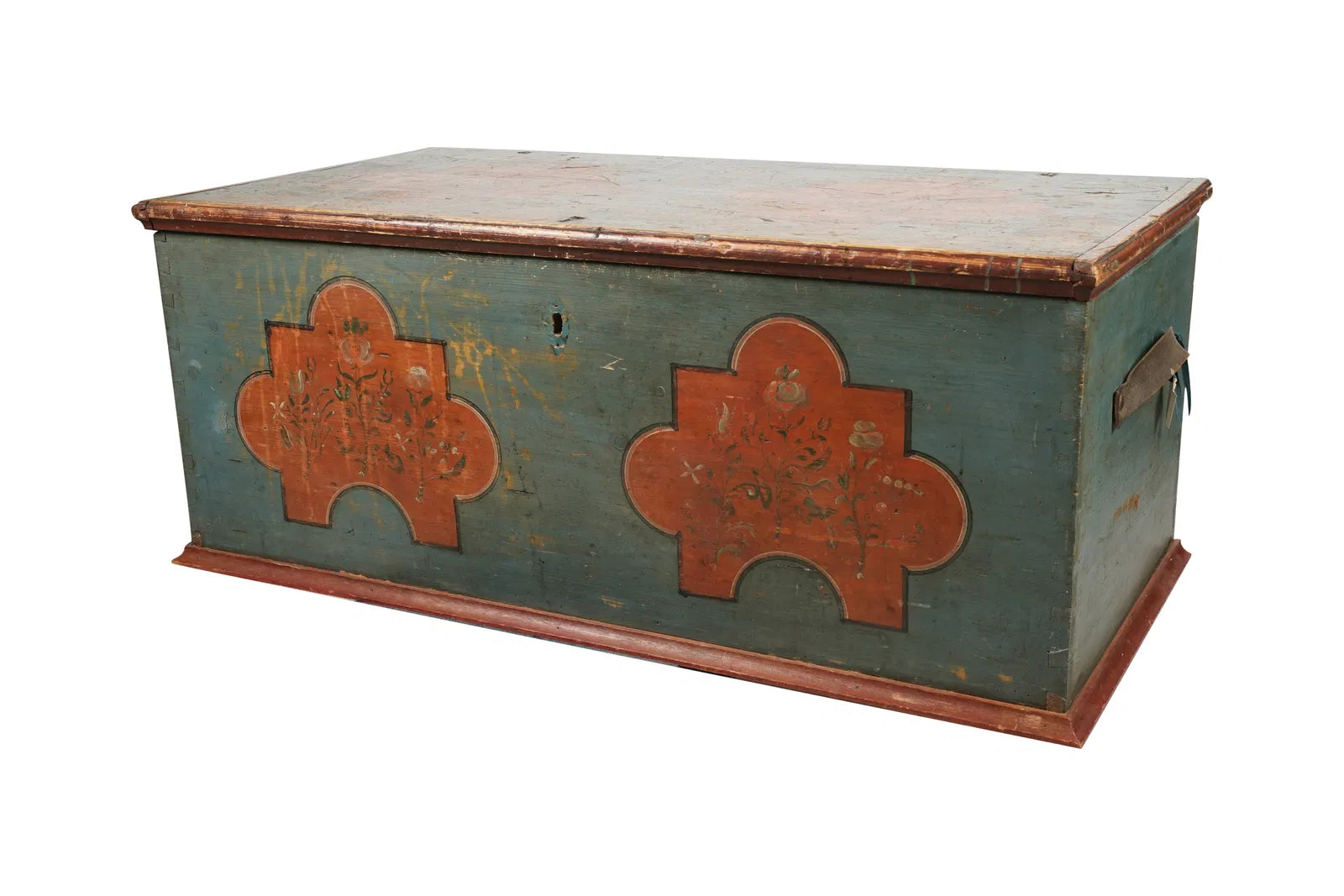 AF4-204: Antique American Blue and Red Painted Pine Trunk Late 18th Century