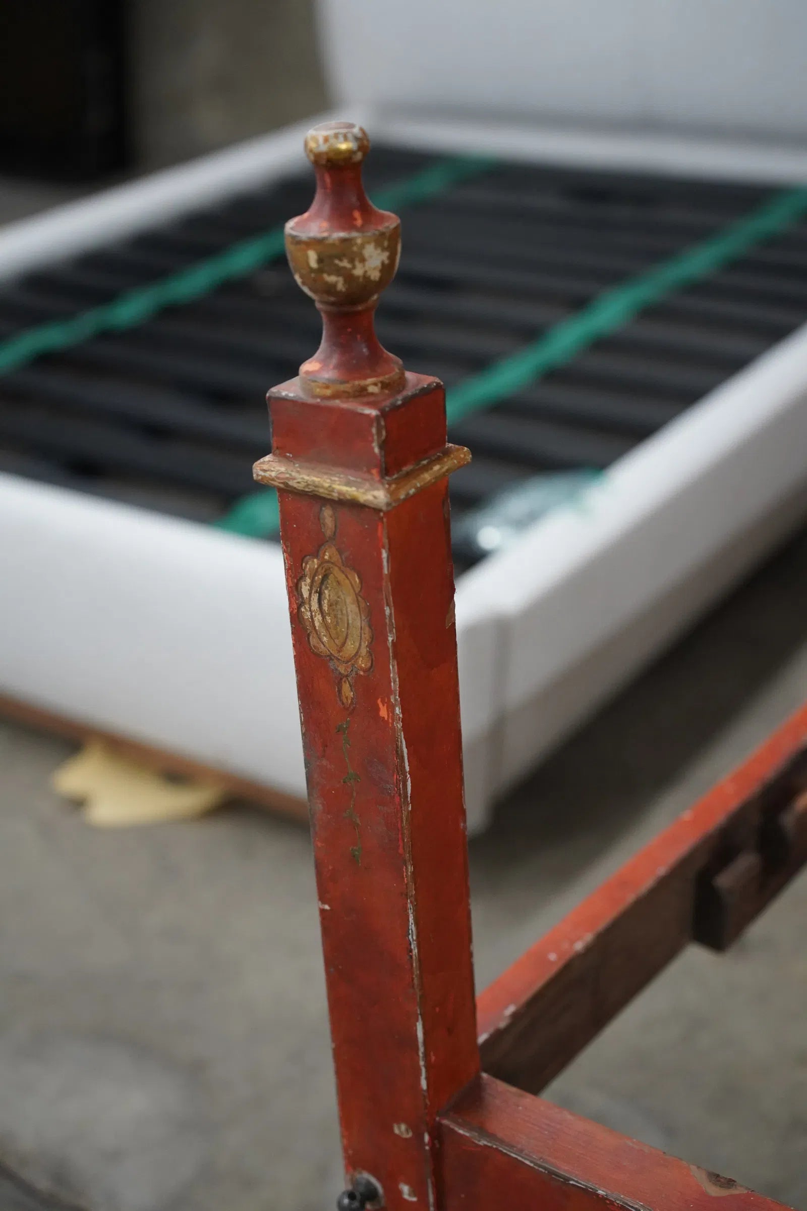 AF6-021: Antique Spanish Colonial Red Paint Decorated Bed Mid 19th Century