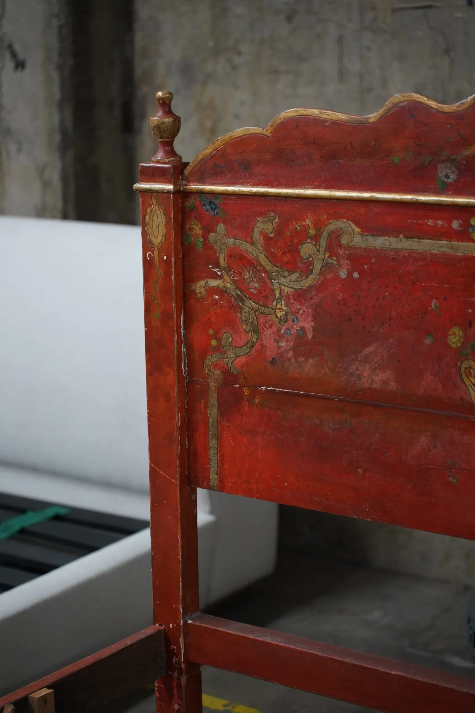 AF6-021: Antique Spanish Colonial Red Paint Decorated Bed Mid 19th Century