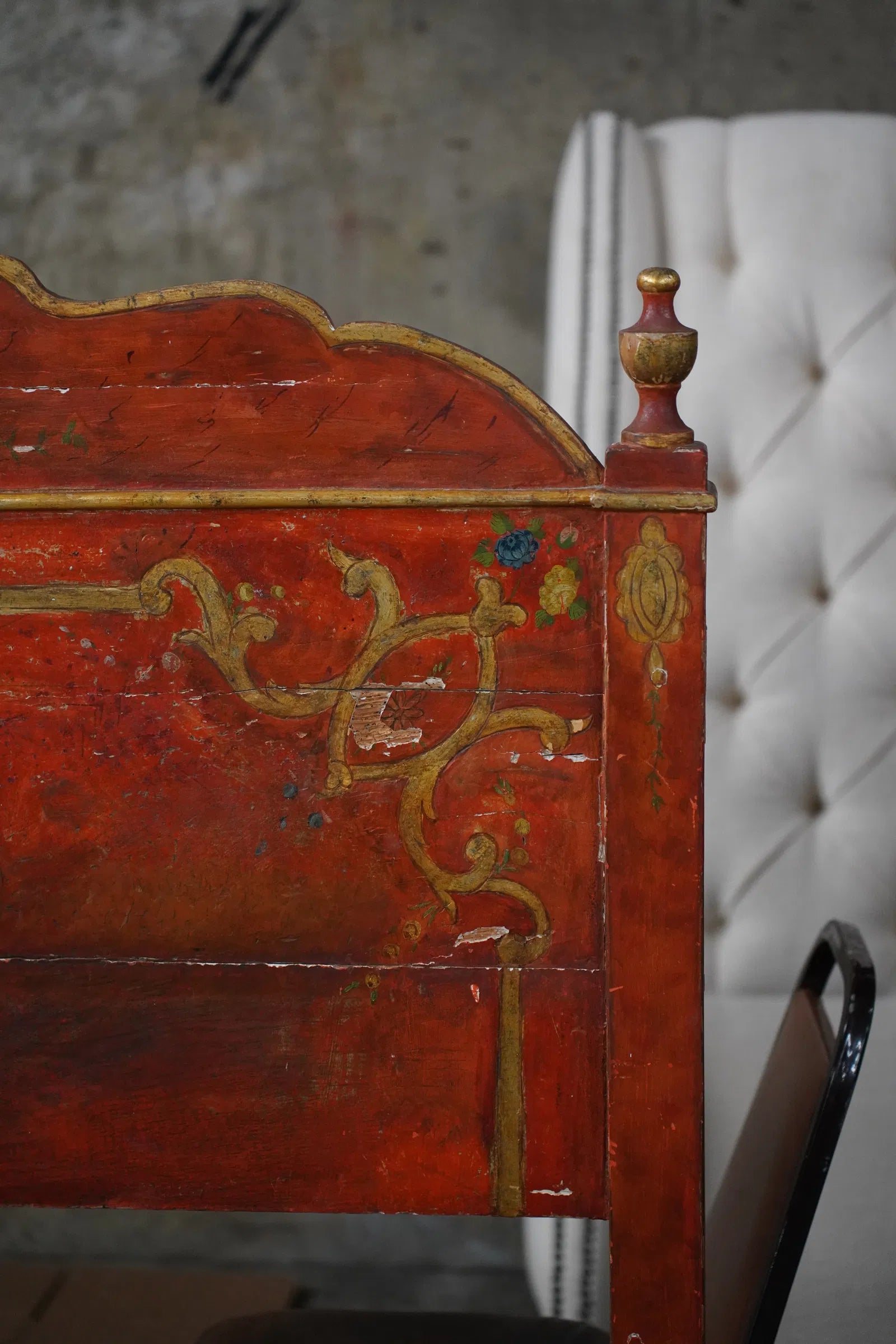 AF6-021: Antique Spanish Colonial Red Paint Decorated Bed Mid 19th Century