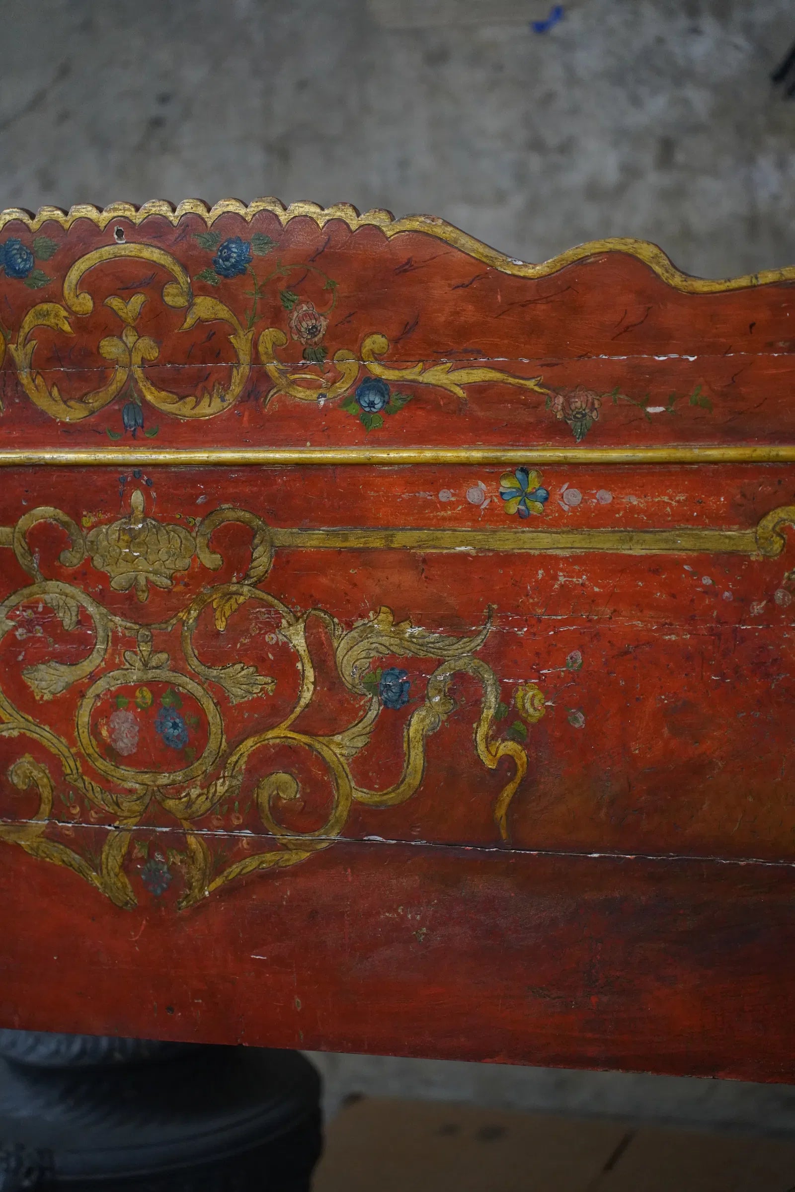 AF6-021: Antique Spanish Colonial Red Paint Decorated Bed Mid 19th Century