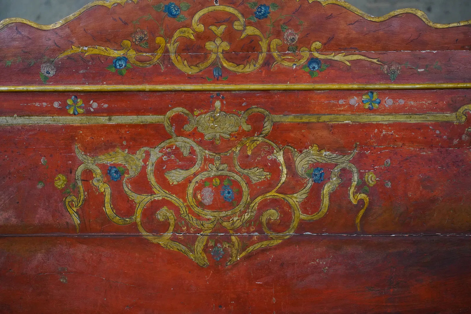 AF6-021: Antique Spanish Colonial Red Paint Decorated Bed Mid 19th Century