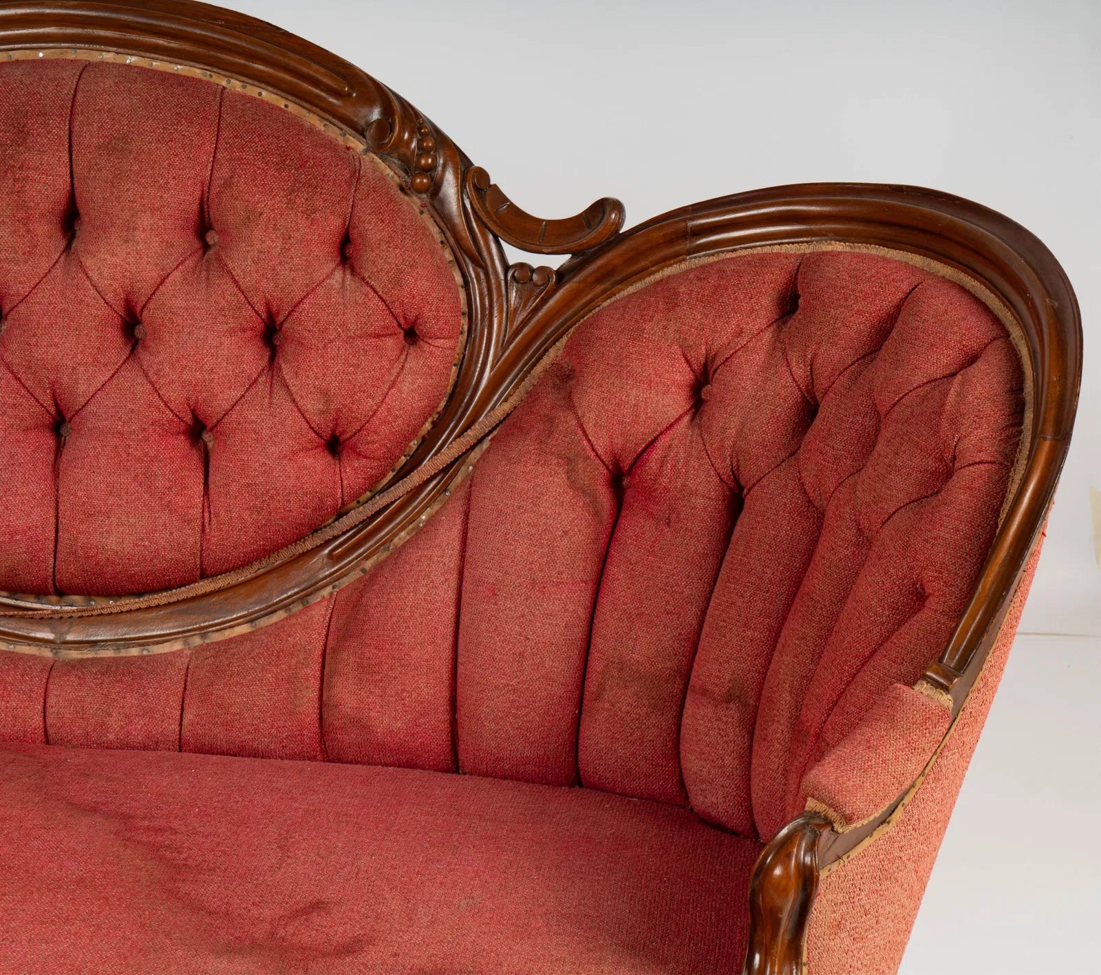AF2-272: Antique Victorian Rococo Revival Carved Walnut Upholstered  Settee Late 19th Century