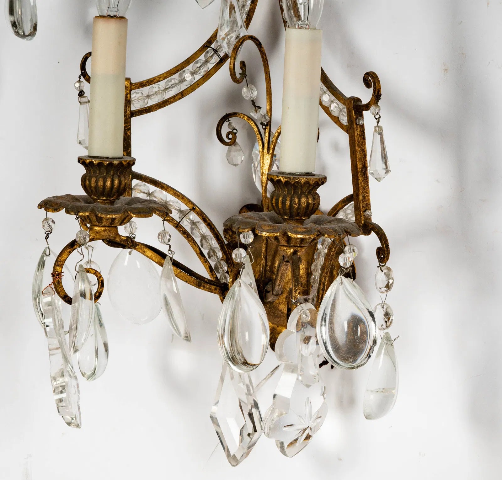 AL3-008: Vintage Italian Gilt Metal and Crystal Twin Light Wall Sconces Mid 20th Century