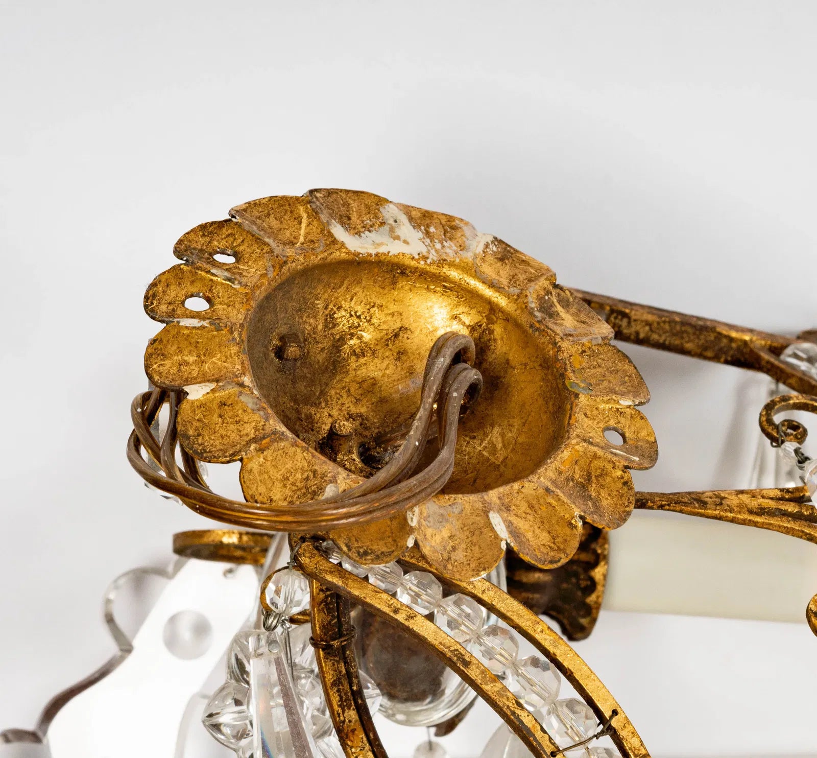 AL3-008: Vintage Italian Gilt Metal and Crystal Twin Light Wall Sconces Mid 20th Century