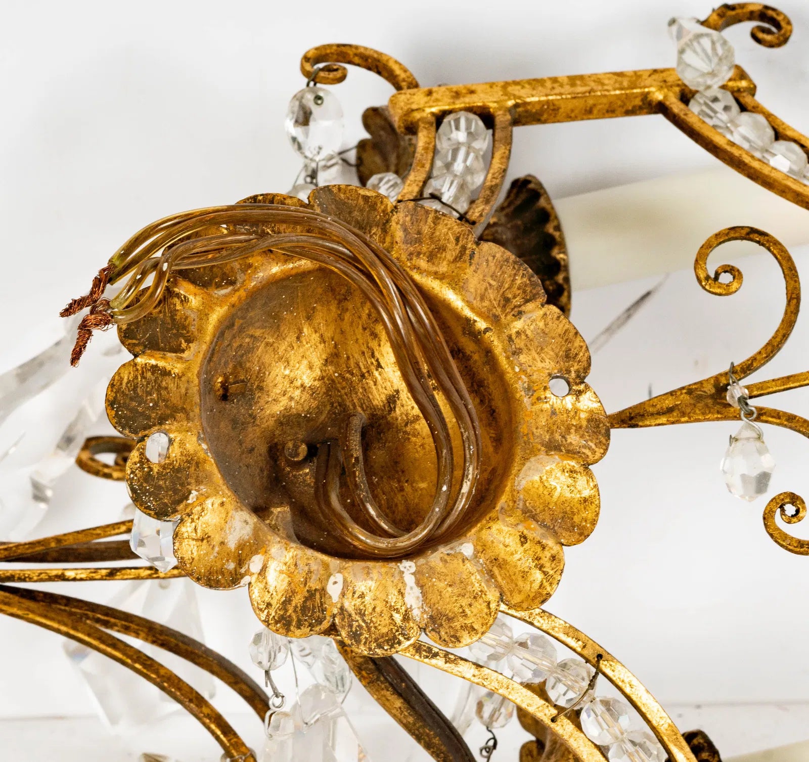 AL3-008: Vintage Italian Gilt Metal and Crystal Twin Light Wall Sconces Mid 20th Century