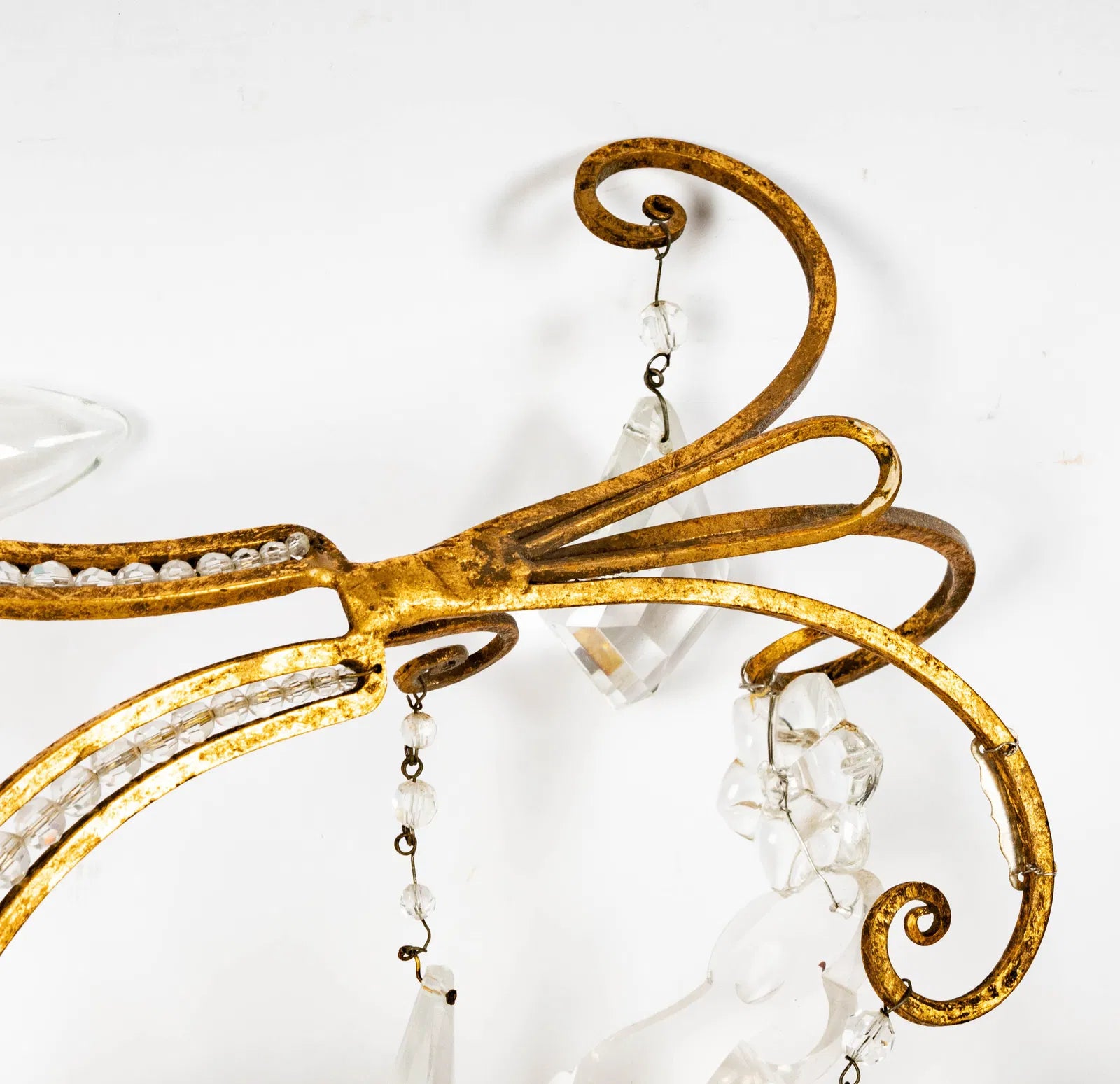 AL3-008: Vintage Italian Gilt Metal and Crystal Twin Light Wall Sconces Mid 20th Century