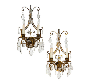 Vintage Italian Gilt Metal and Crystal Twin Light Wall Sconces Mid 20th Century | Work of Man