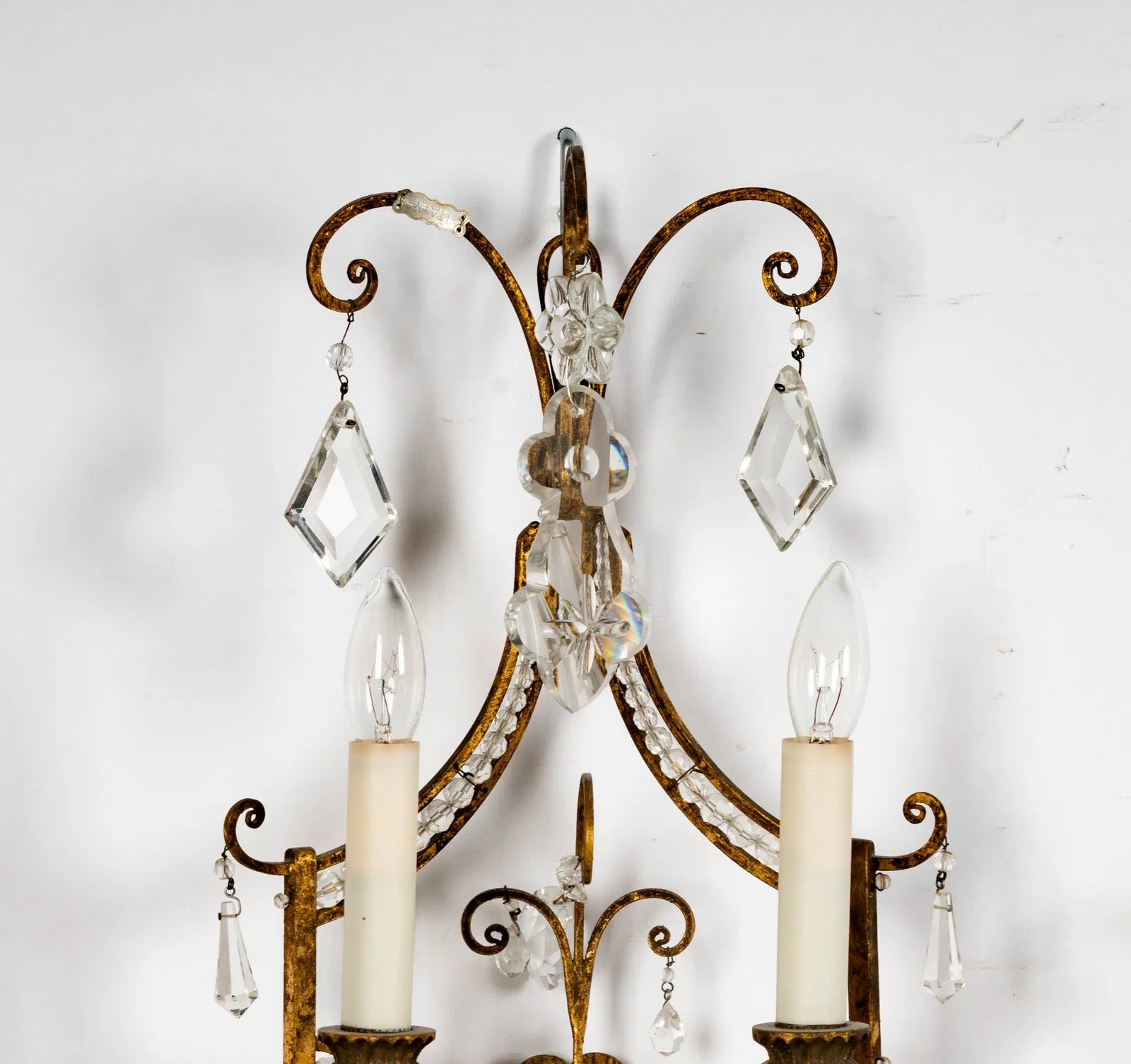 AL3-008: Vintage Italian Gilt Metal and Crystal Twin Light Wall Sconces Mid 20th Century