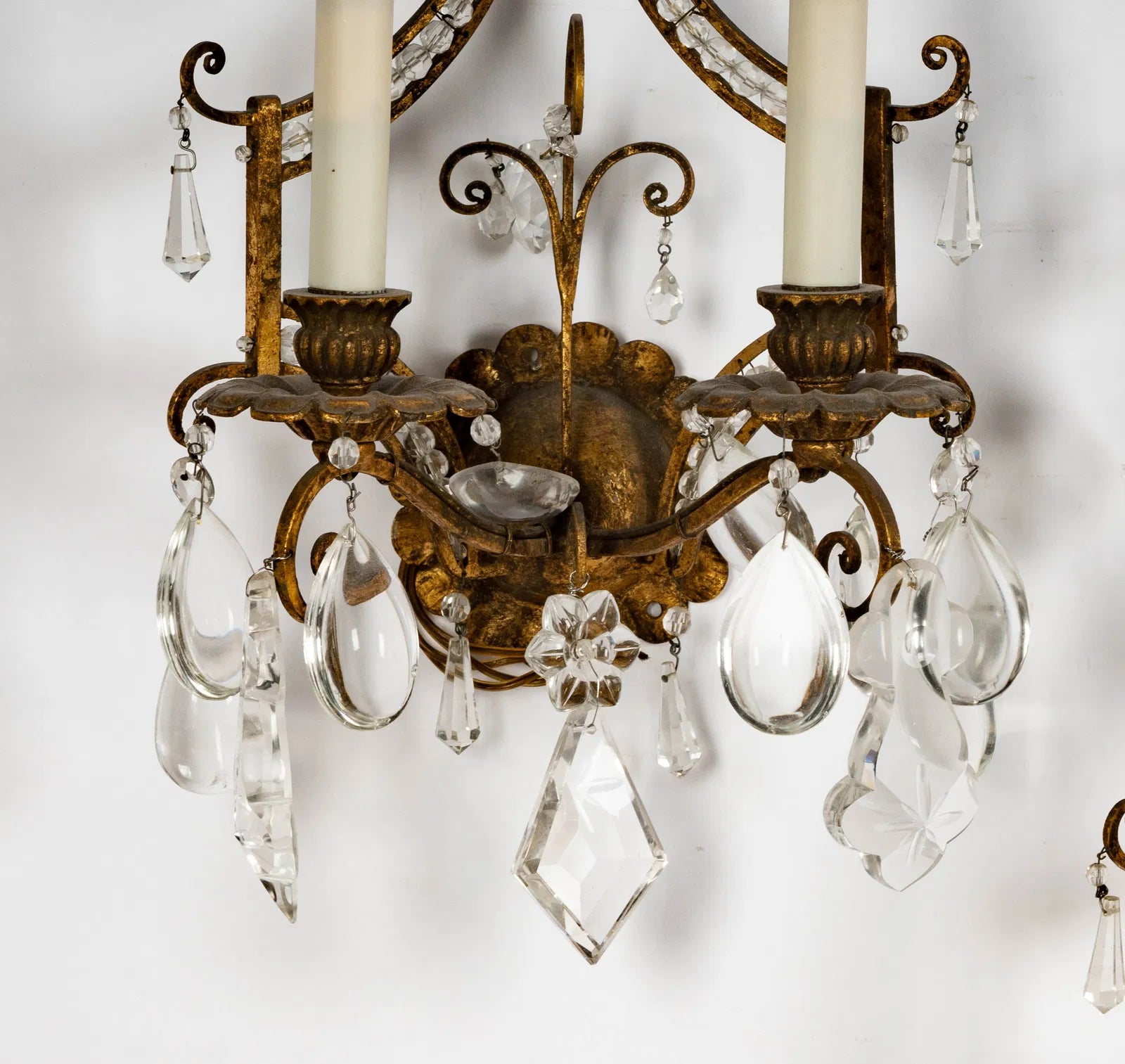 AL3-008: Vintage Italian Gilt Metal and Crystal Twin Light Wall Sconces Mid 20th Century