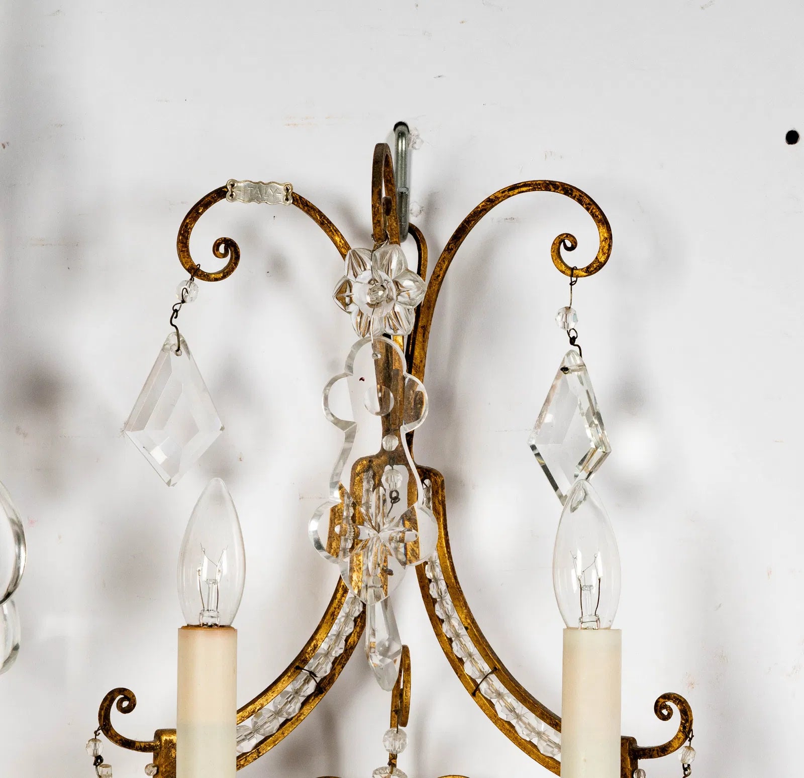 AL3-008: Vintage Italian Gilt Metal and Crystal Twin Light Wall Sconces Mid 20th Century