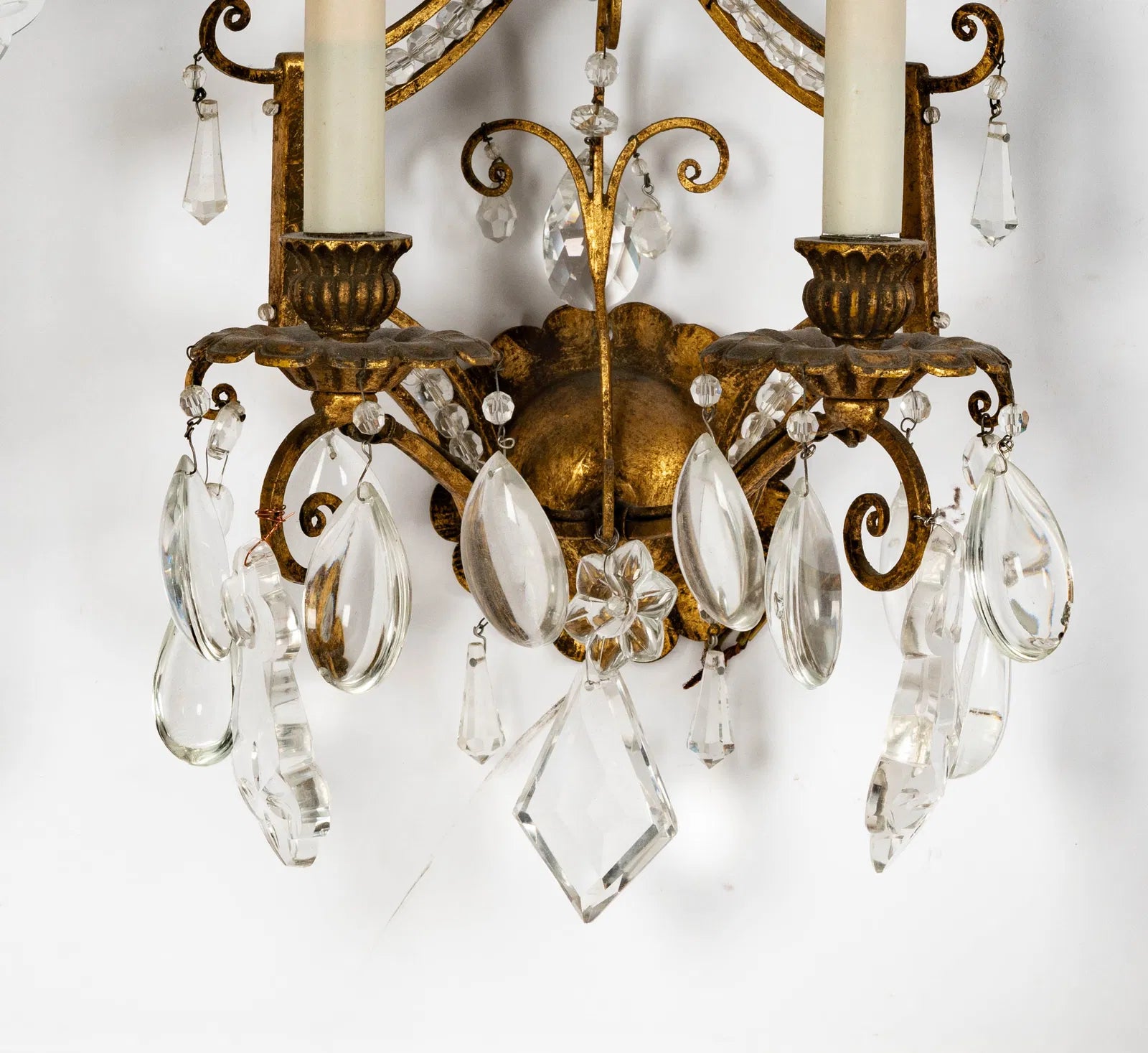 AL3-008: Vintage Italian Gilt Metal and Crystal Twin Light Wall Sconces Mid 20th Century