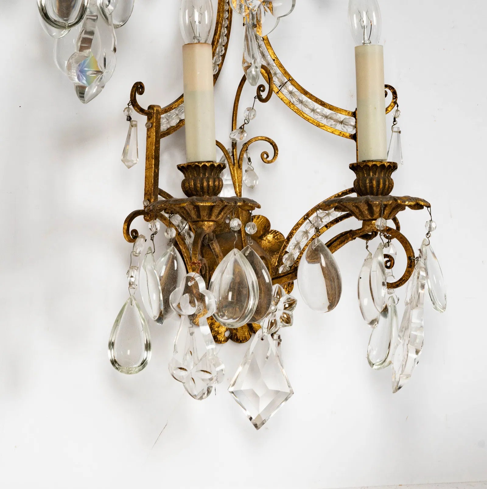 AL3-008: Vintage Italian Gilt Metal and Crystal Twin Light Wall Sconces Mid 20th Century