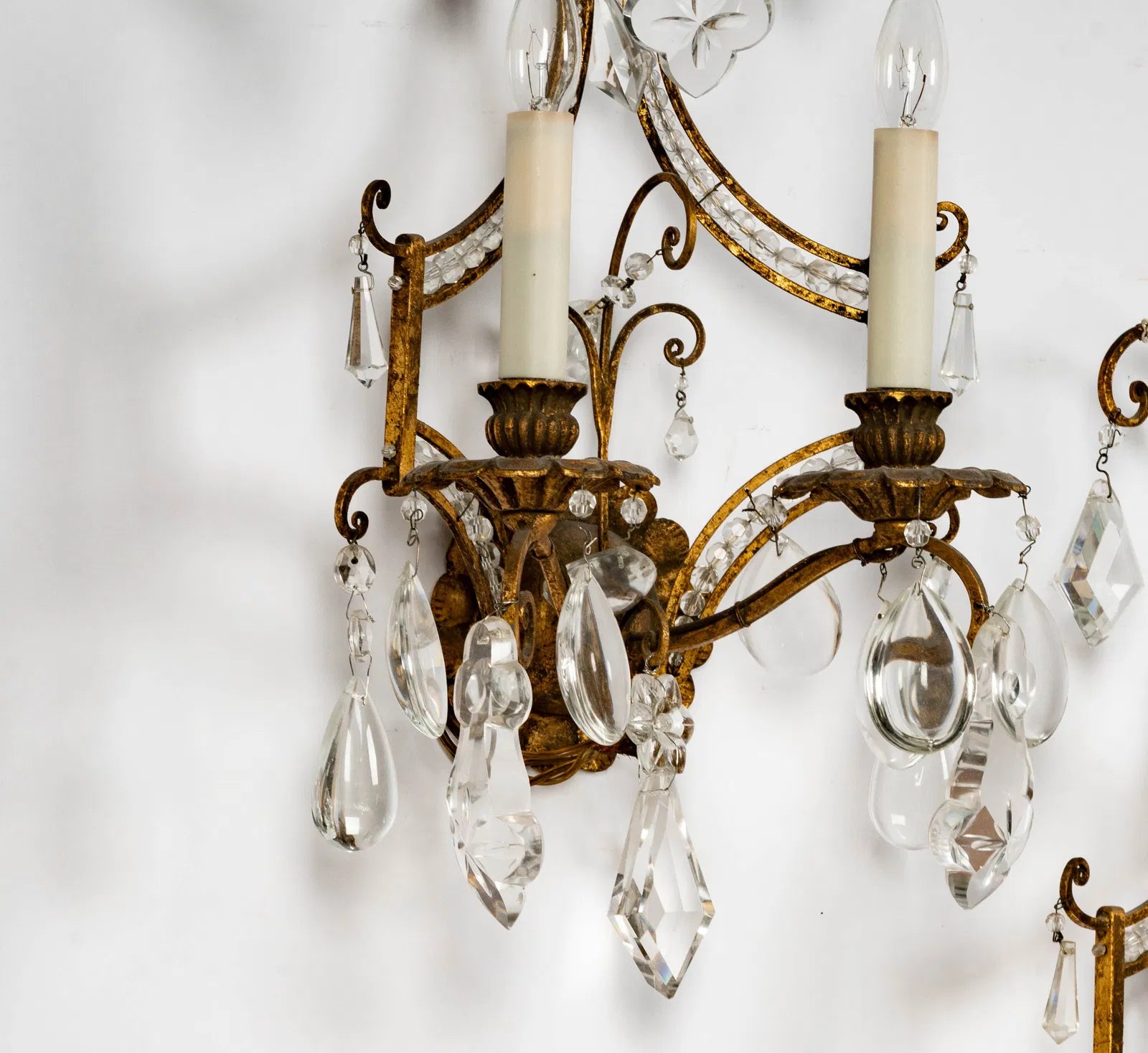 AL3-008: Vintage Italian Gilt Metal and Crystal Twin Light Wall Sconces Mid 20th Century