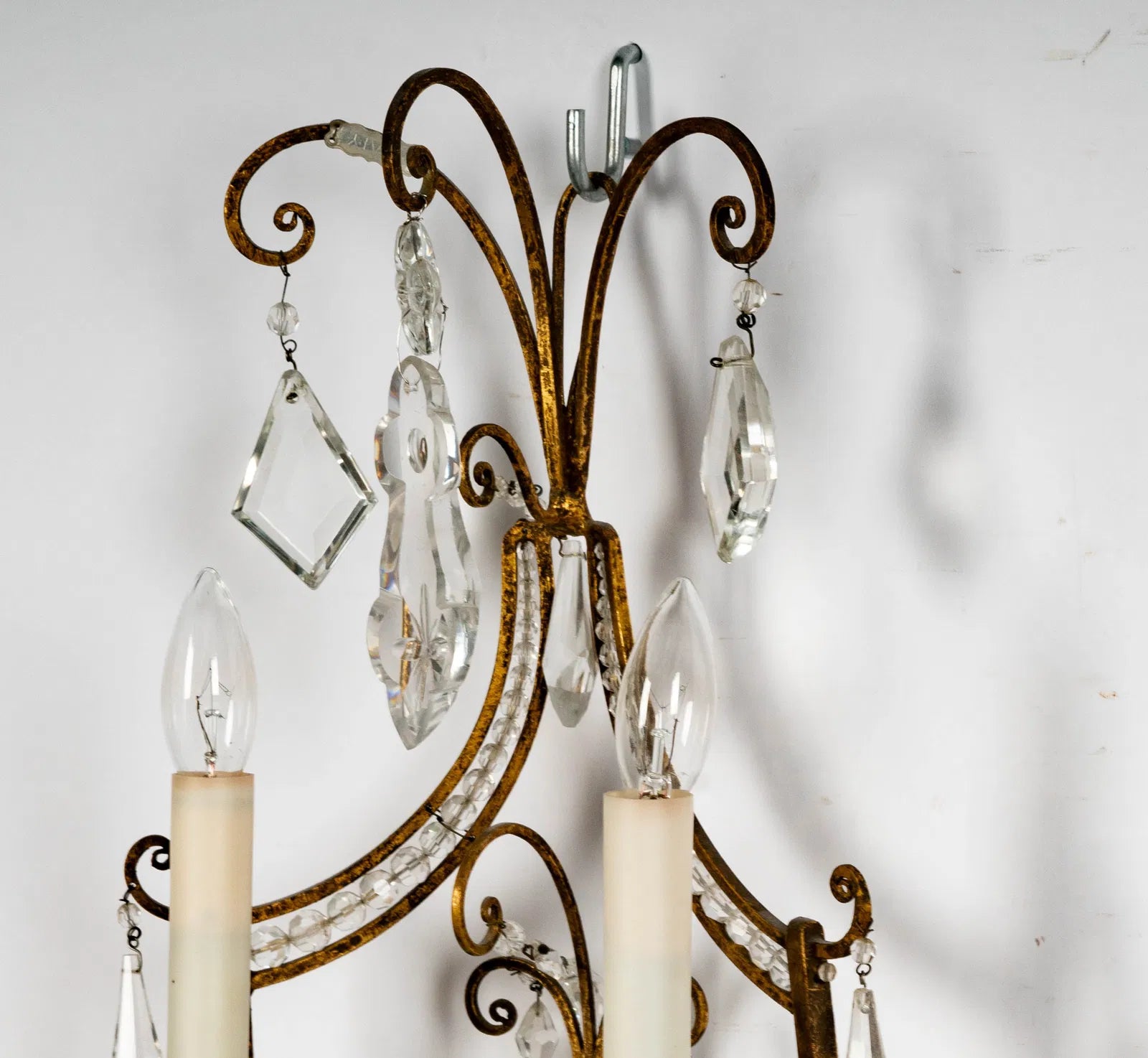 AL3-008: Vintage Italian Gilt Metal and Crystal Twin Light Wall Sconces Mid 20th Century