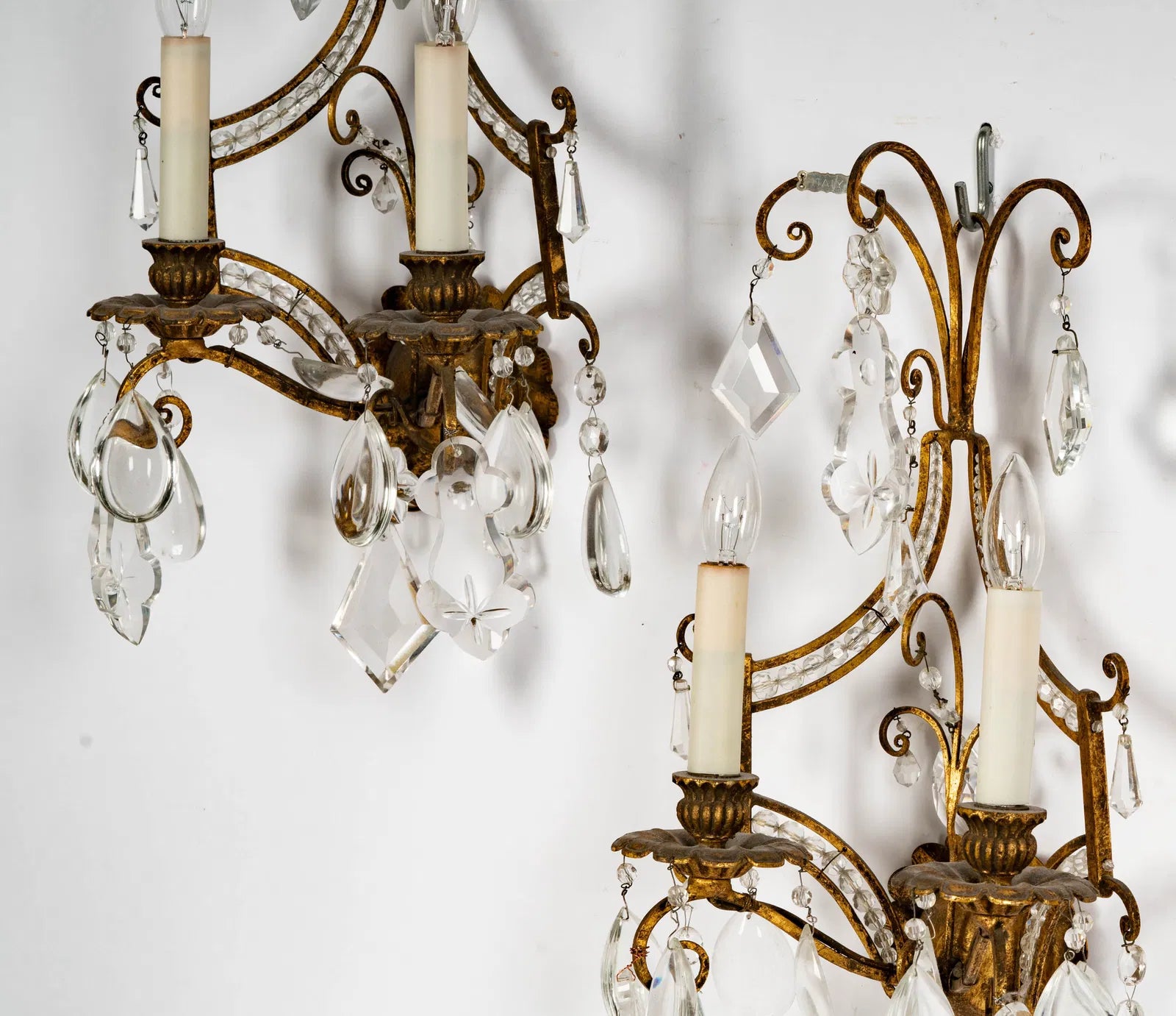 AL3-008: Vintage Italian Gilt Metal and Crystal Twin Light Wall Sconces Mid 20th Century