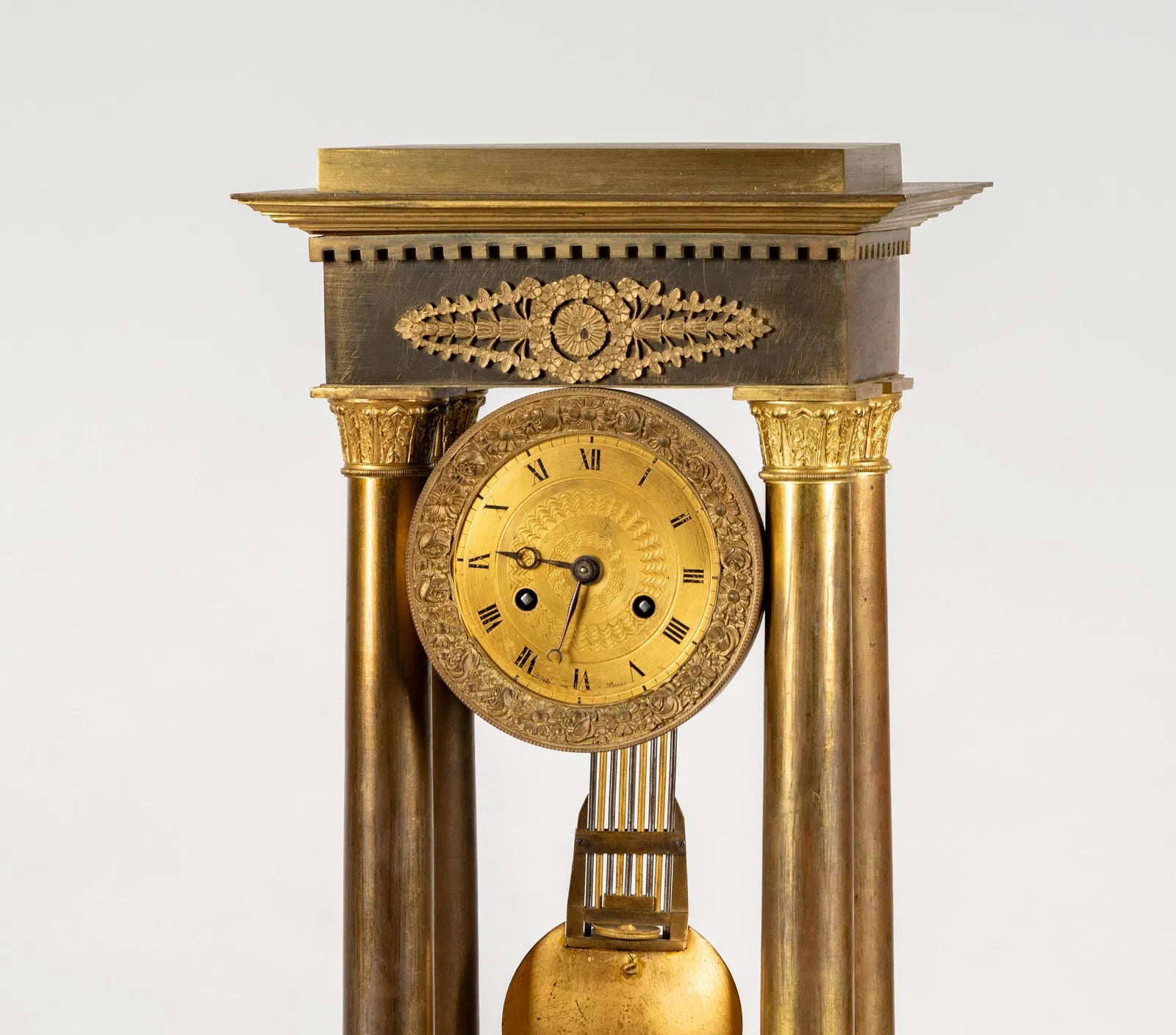 TK2-015: French Charles X Fire (Mercury) Gilt Bronze Portico Clock Circa 1820