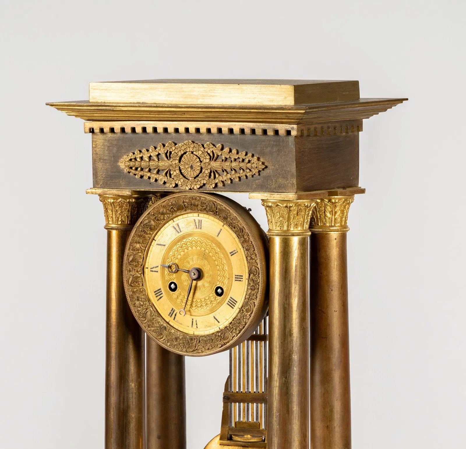 TK2-015: French Charles X Fire (Mercury) Gilt Bronze Portico Clock Circa 1820