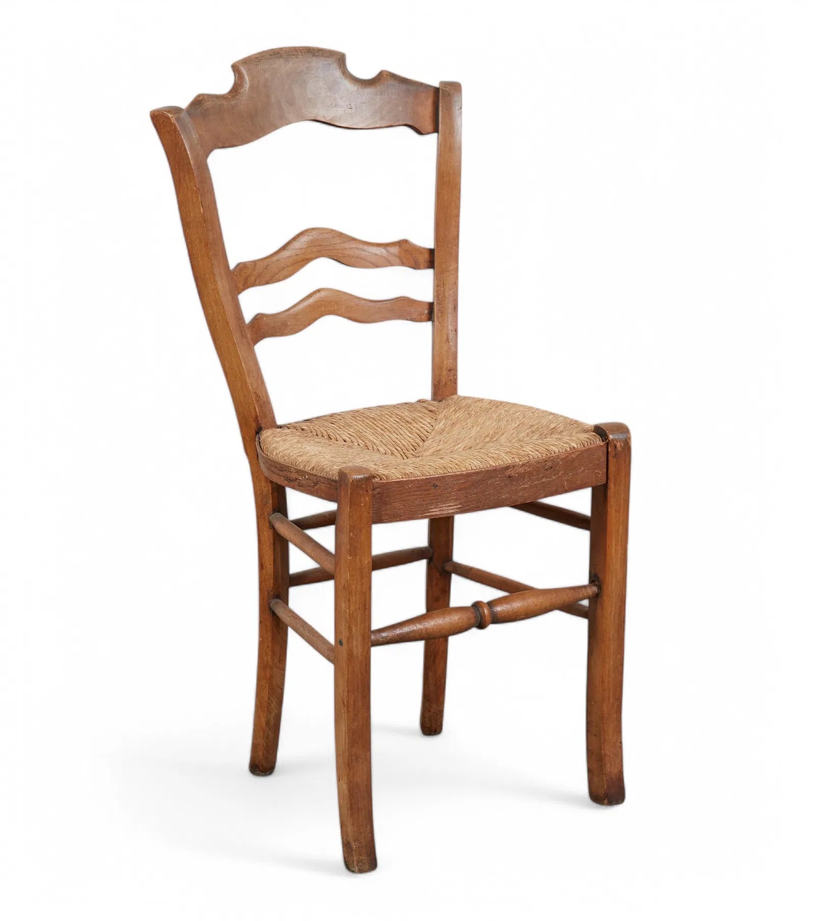 AF2-069: Antique French Provincial Set of Six Fruitwood Chairs With Rush Seats Mid 19th Century