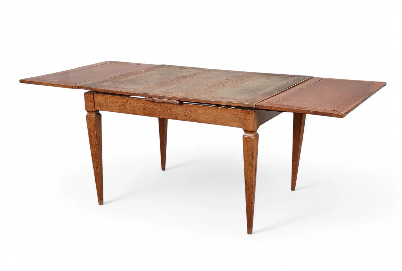 AF1-073: Antique French Provincial Fruitwood Draw Leaf Extension Dining Table Mid 19th Century