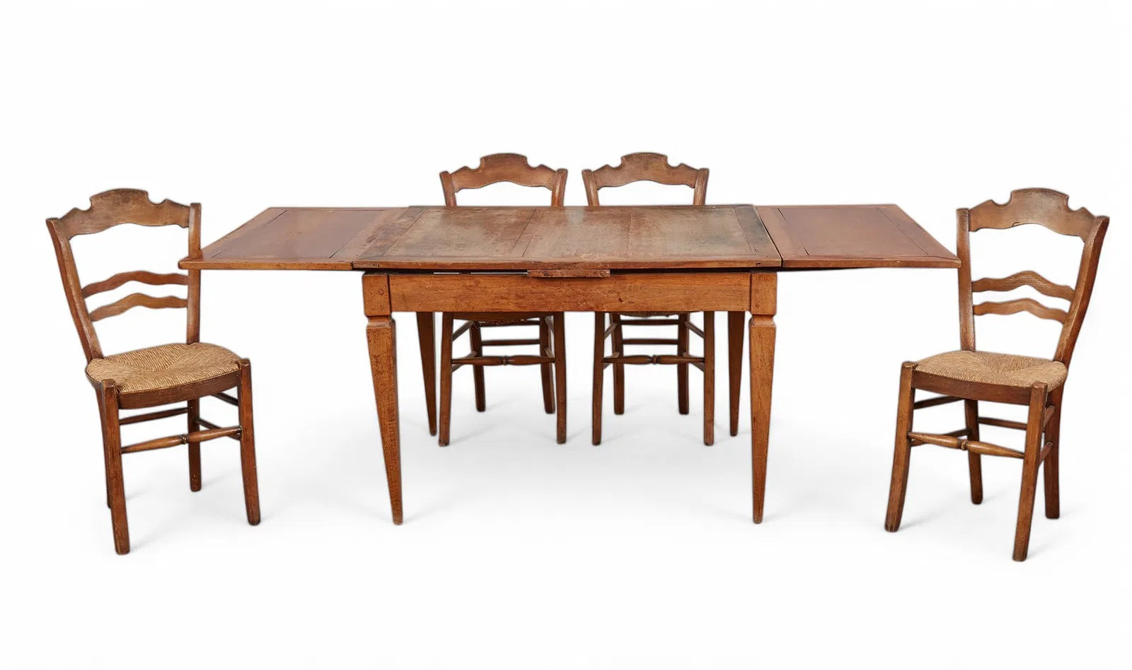 AF1-073: Antique French Provincial Fruitwood Draw Leaf Extension Dining Table Mid 19th Century