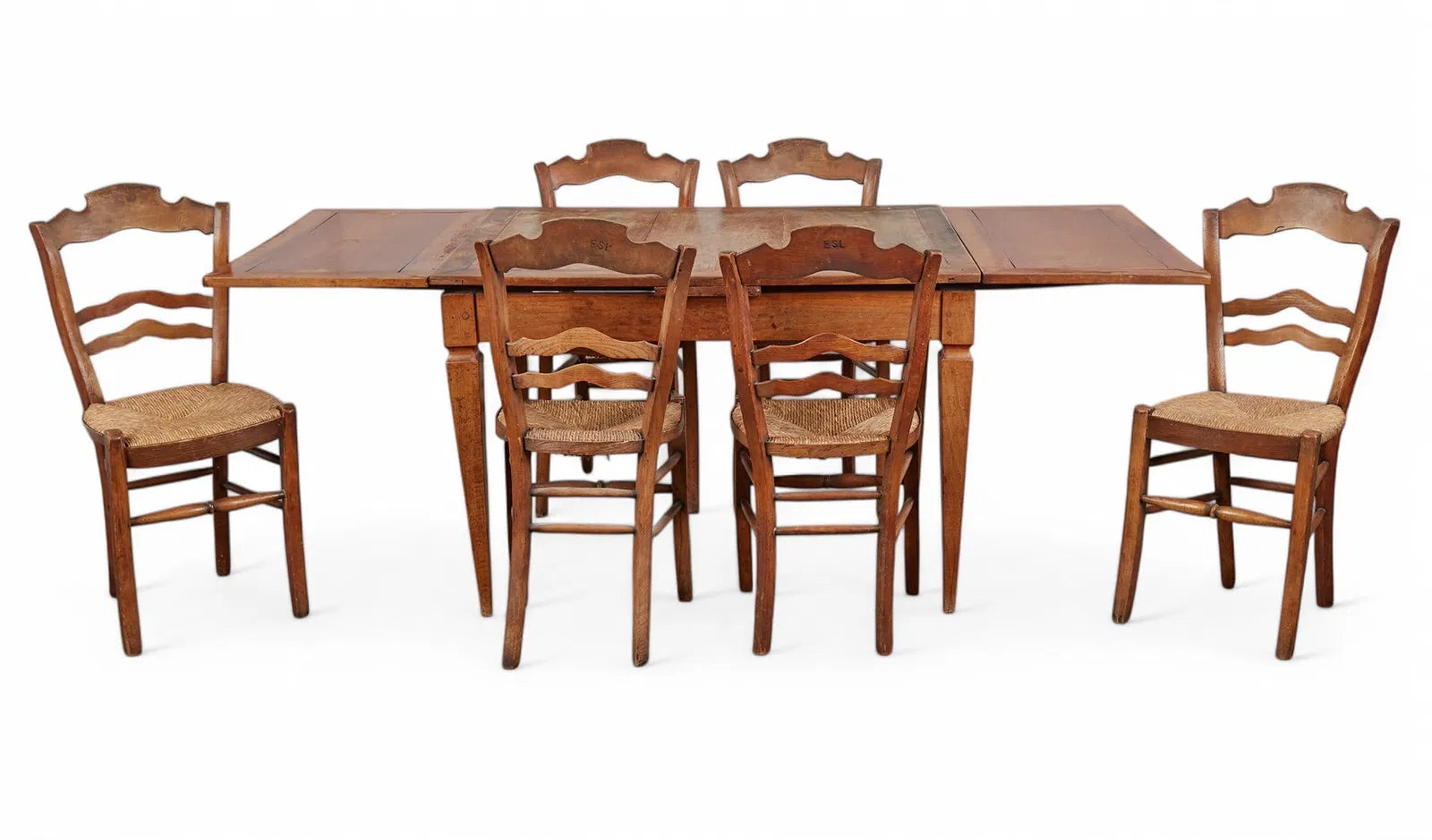 AF2-069: Antique French Provincial Set of Six Fruitwood Chairs With Rush Seats Mid 19th Century