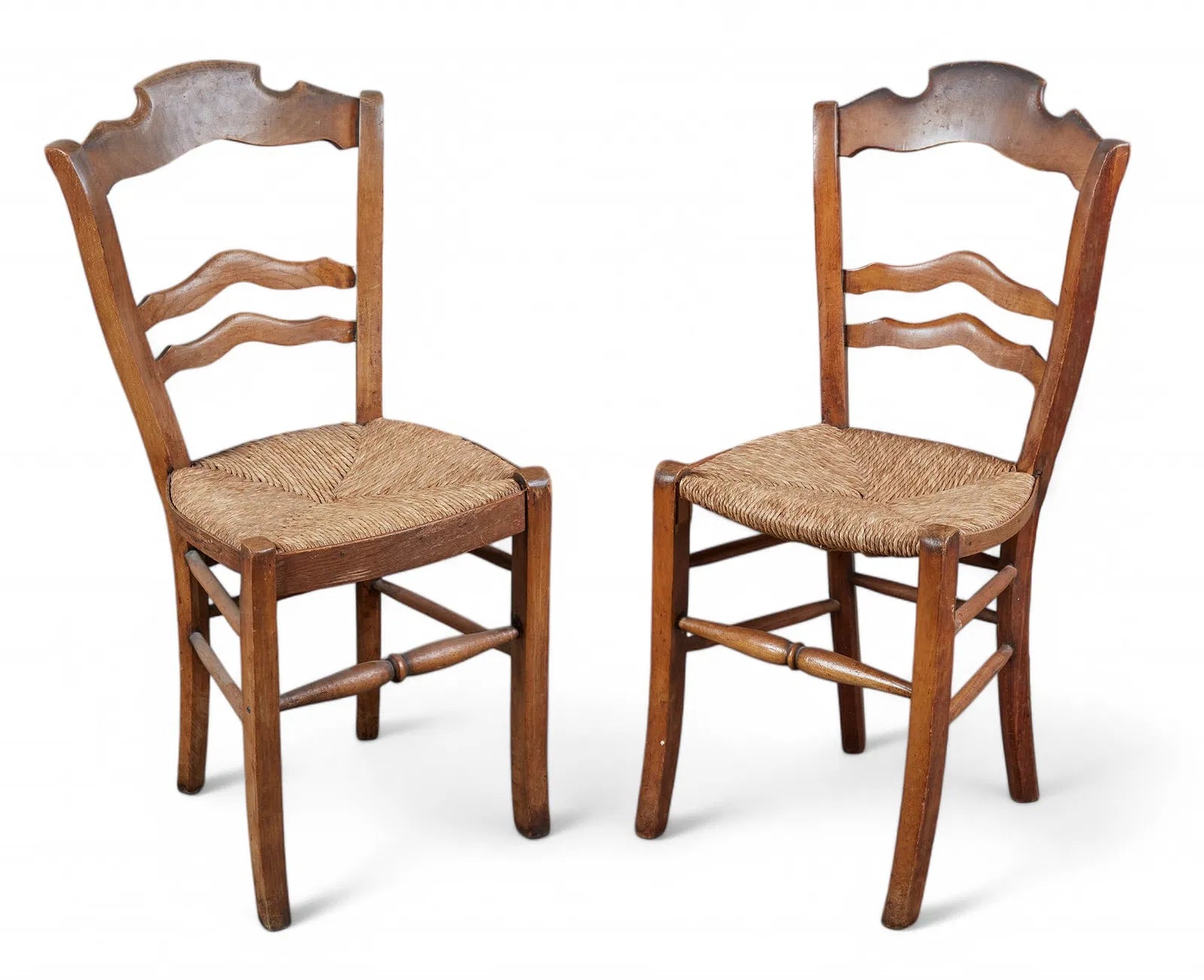 AF2-069: Antique French Provincial Set of Six Fruitwood Chairs With Rush Seats Mid 19th Century