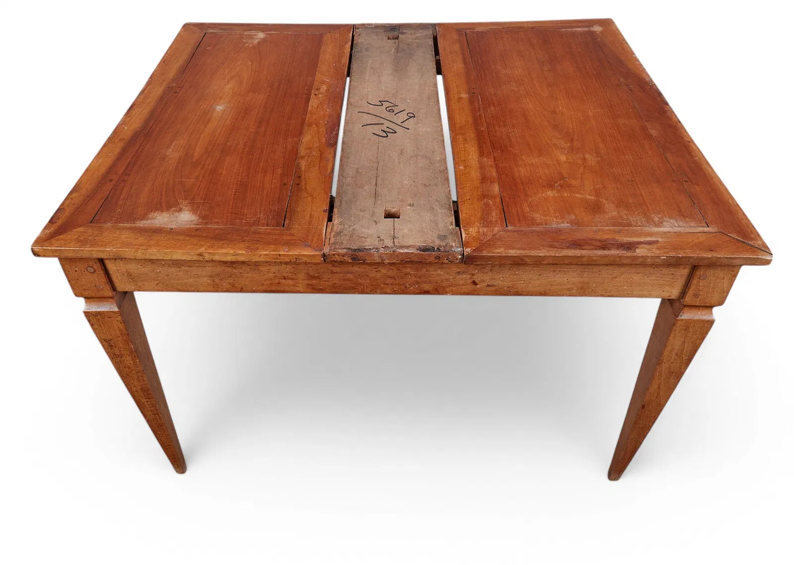 AF1-073: Antique French Provincial Fruitwood Draw Leaf Extension Dining Table Mid 19th Century