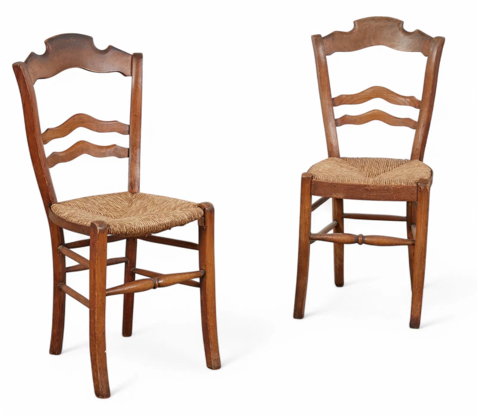 AF2-069: Antique French Provincial Set of Six Fruitwood Chairs With Rush Seats Mid 19th Century