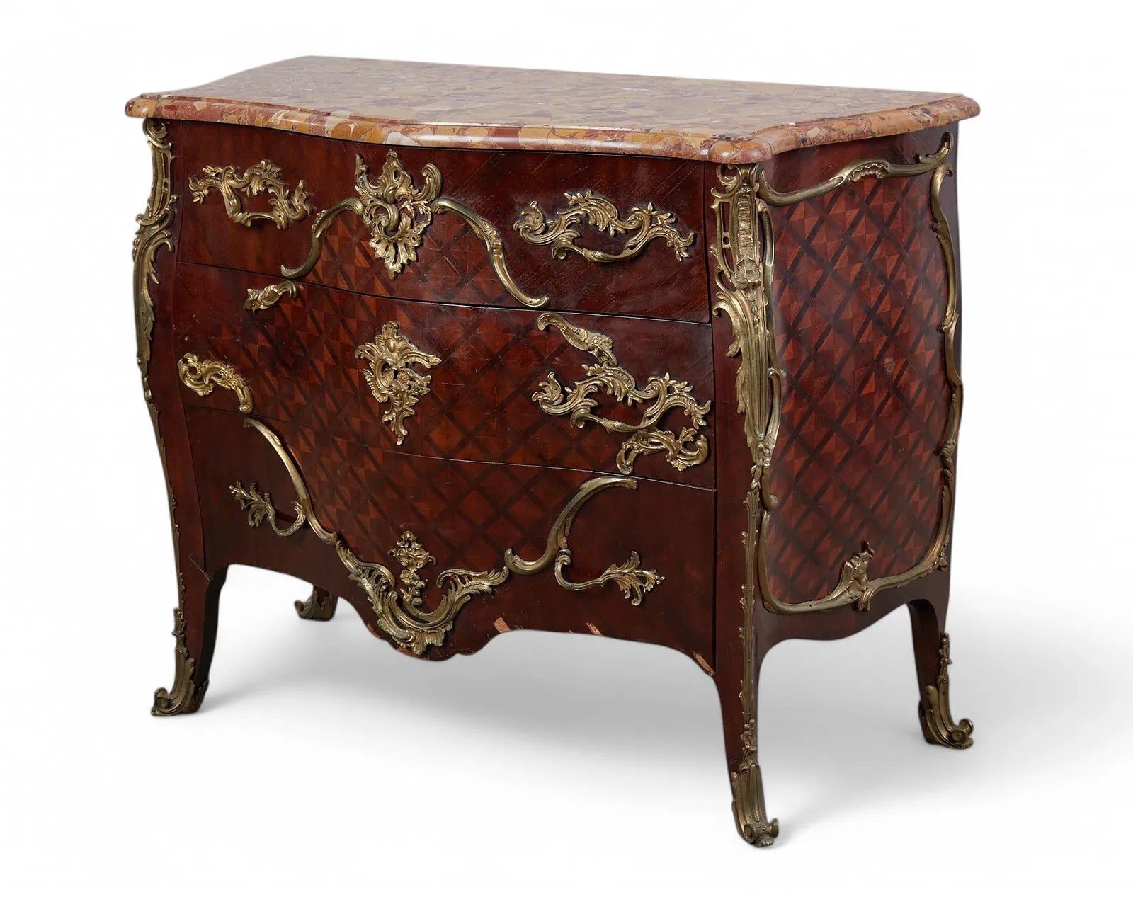 Antique Louis XV Mahogany and Parquetry Commode With Brèche d’Alep Marble Top and Gilt Bronze Mounts Circa 1900 | Work of Man