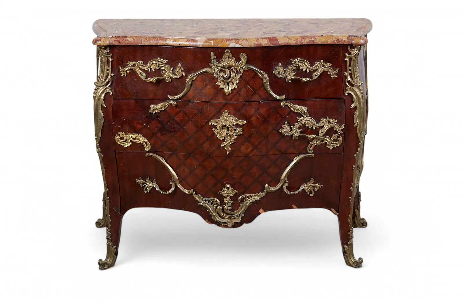AF4-045: Antique Louis XV Mahogany and Parquetry Commode With Brèche d’Alep Marble Top and Gilt Bronze Mounts Circa 1900