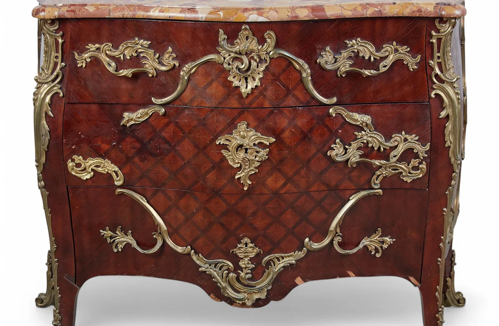 AF4-045: Antique Louis XV Mahogany and Parquetry Commode With Brèche d’Alep Marble Top and Gilt Bronze Mounts Circa 1900