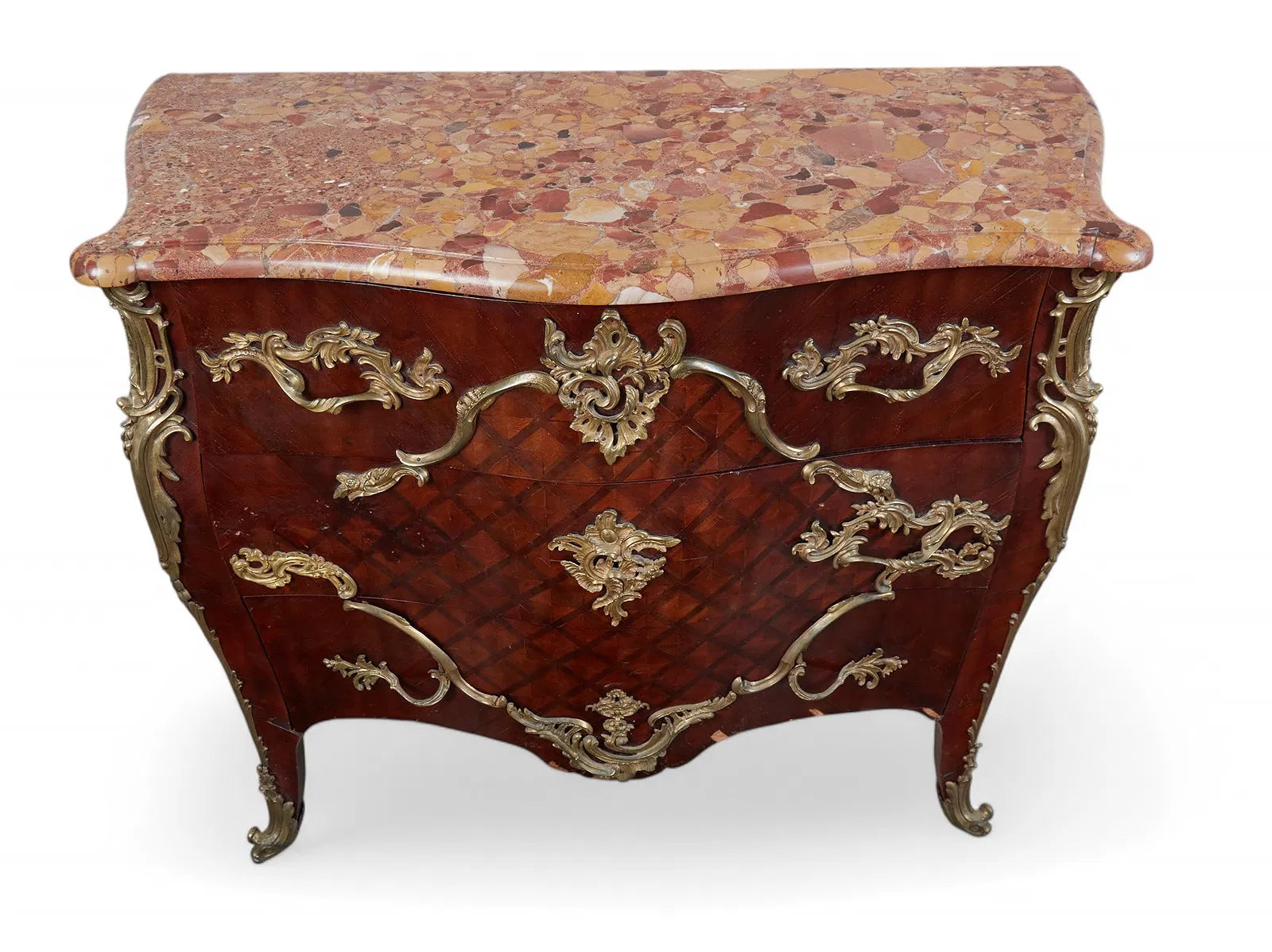 AF4-045: Antique Louis XV Mahogany and Parquetry Commode With Brèche d’Alep Marble Top and Gilt Bronze Mounts Circa 1900