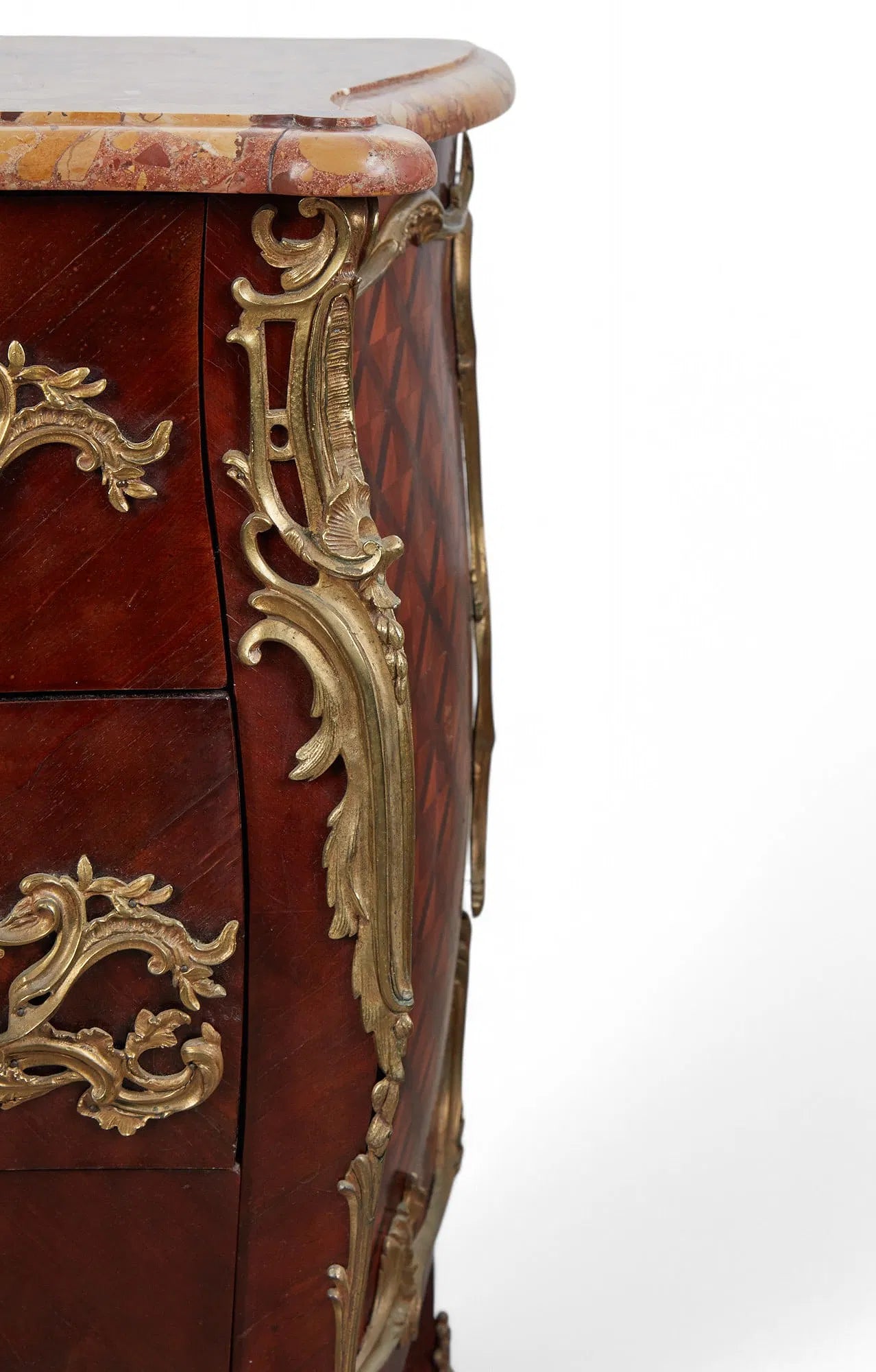 AF4-045: Antique Louis XV Mahogany and Parquetry Commode With Brèche d’Alep Marble Top and Gilt Bronze Mounts Circa 1900