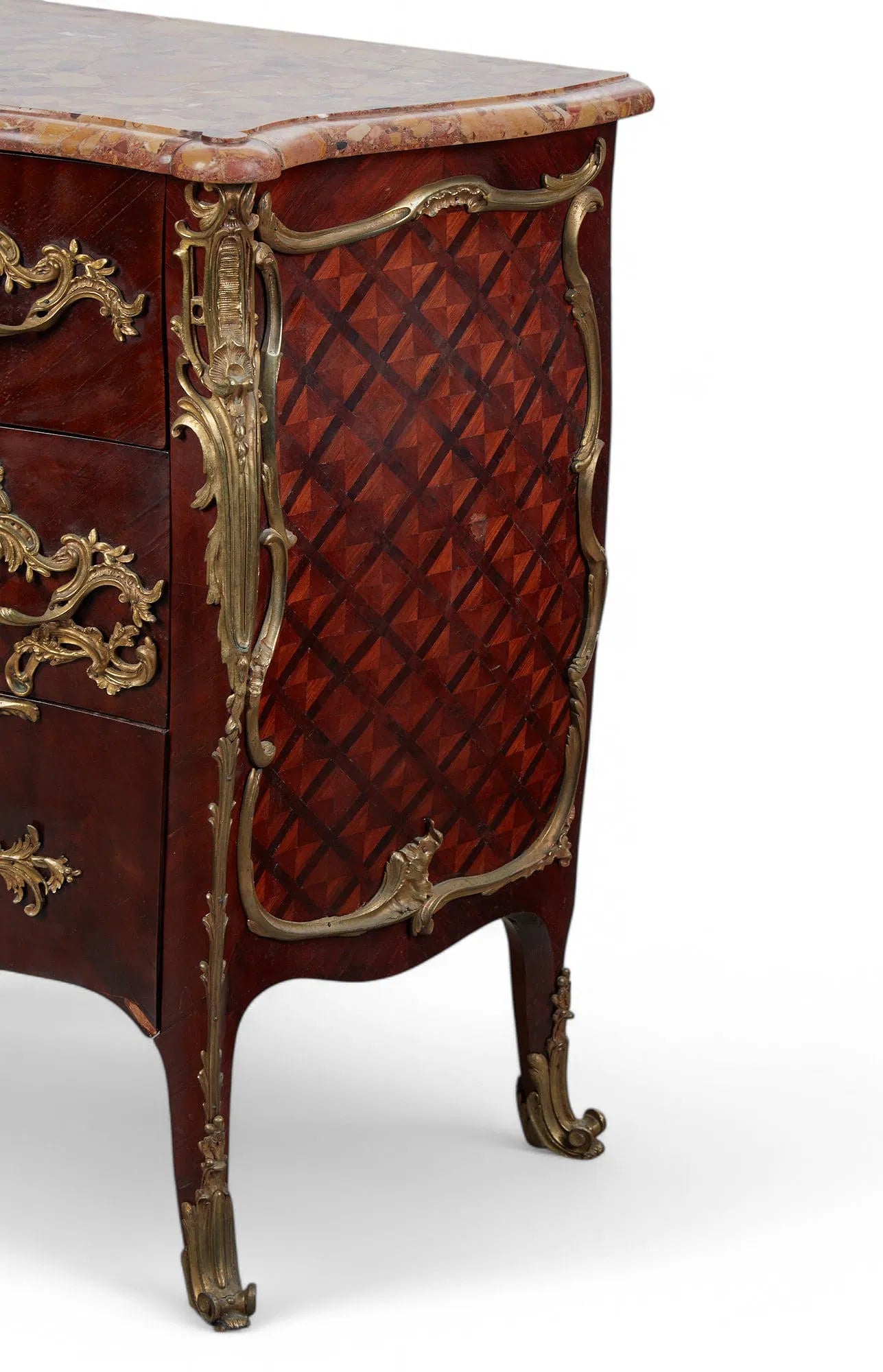 AF4-045: Antique Louis XV Mahogany and Parquetry Commode With Brèche d’Alep Marble Top and Gilt Bronze Mounts Circa 1900