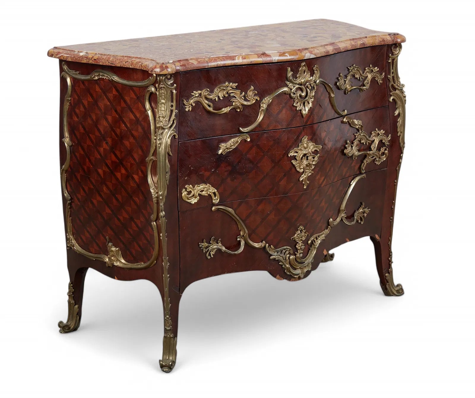 AF4-045: Antique Louis XV Mahogany and Parquetry Commode With Brèche d’Alep Marble Top and Gilt Bronze Mounts Circa 1900